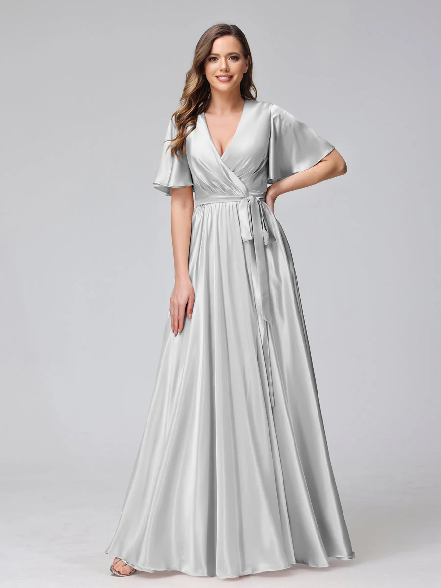 A-Line V-Neck Half Sleeves Long Silk Satin Bridesmaid Dresses With Ruffles Split Side - Image 17