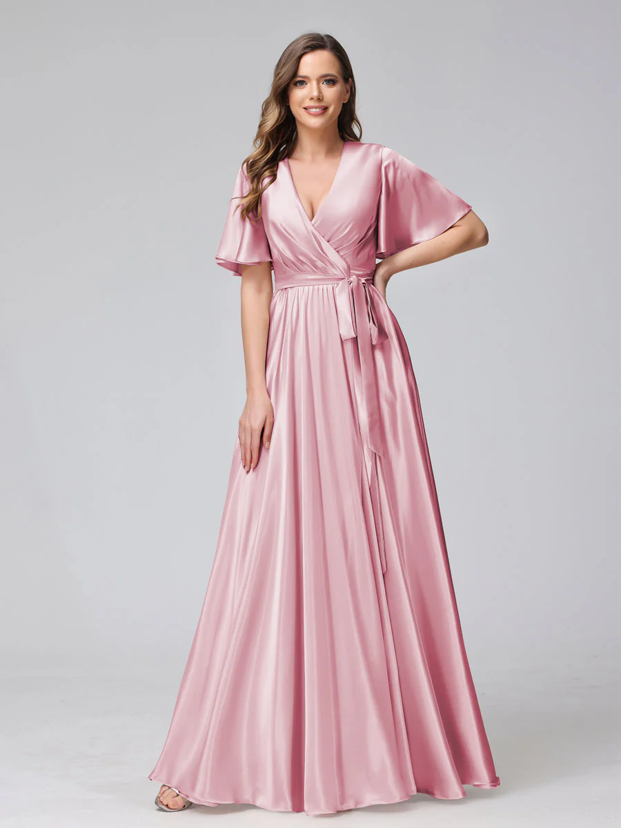 A-Line V-Neck Half Sleeves Long Silk Satin Bridesmaid Dresses With Ruffles Split Side - Image 20
