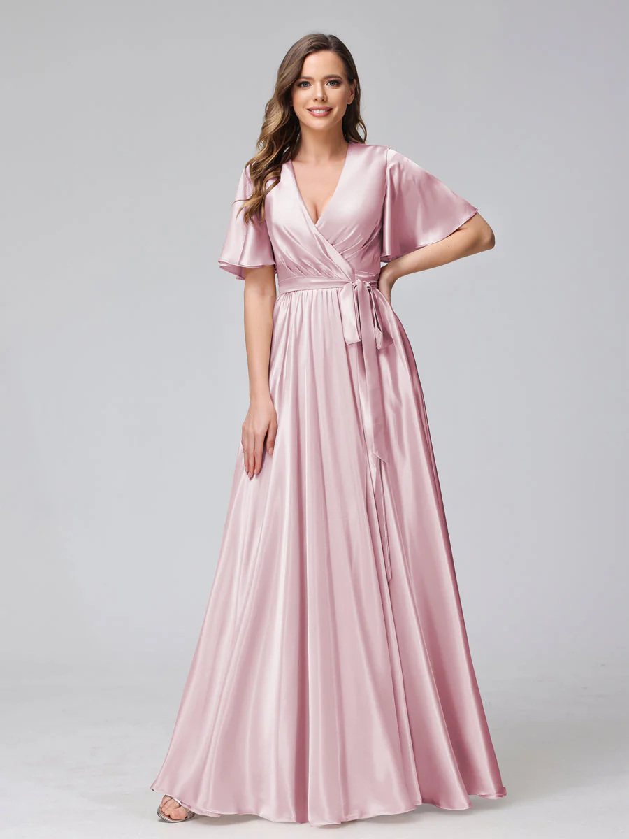 A-Line V-Neck Half Sleeves Long Silk Satin Bridesmaid Dresses With Ruffles Split Side - Image 22