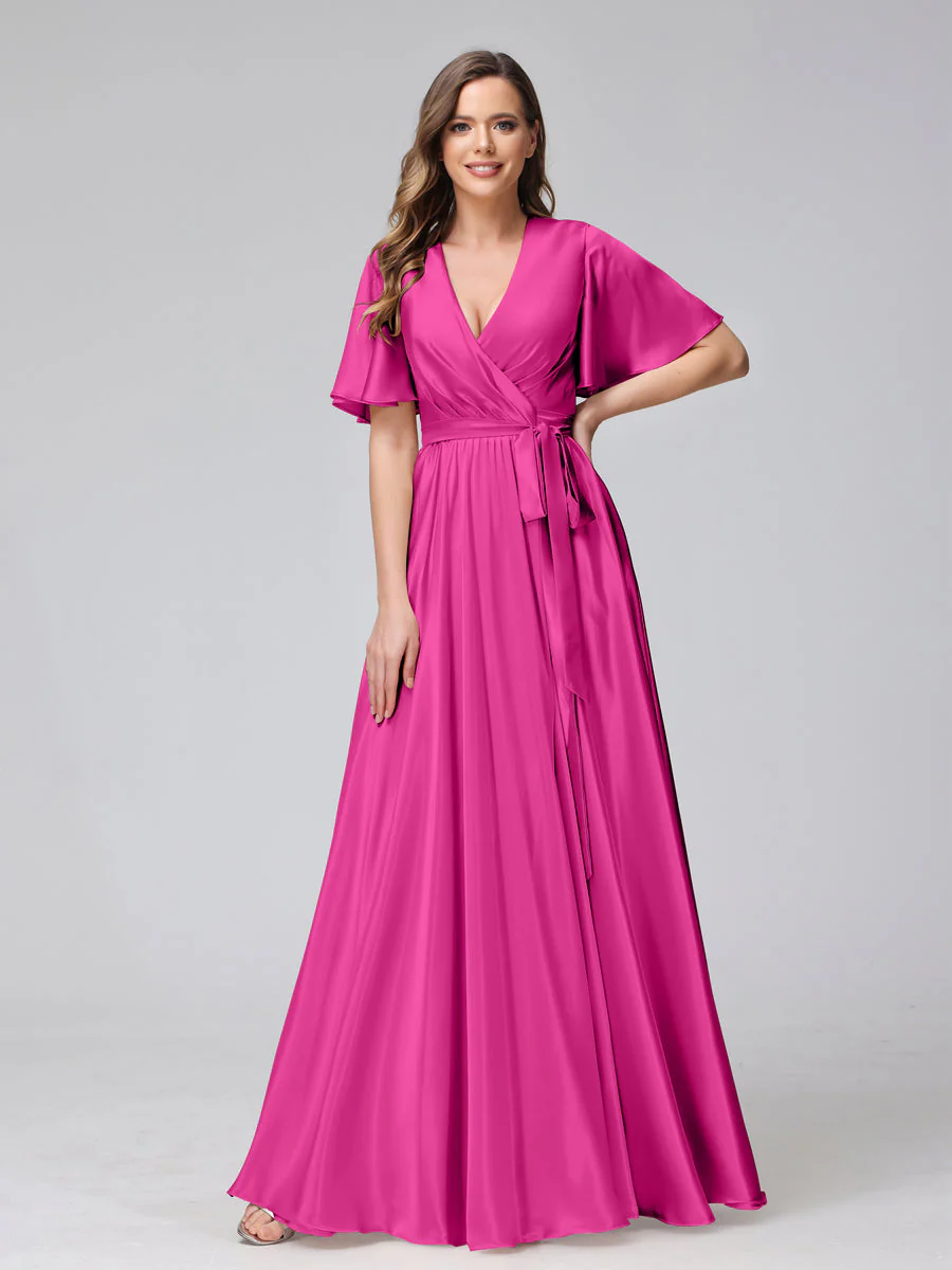 A-Line V-Neck Half Sleeves Long Silk Satin Bridesmaid Dresses With Ruffles Split Side - Image 28