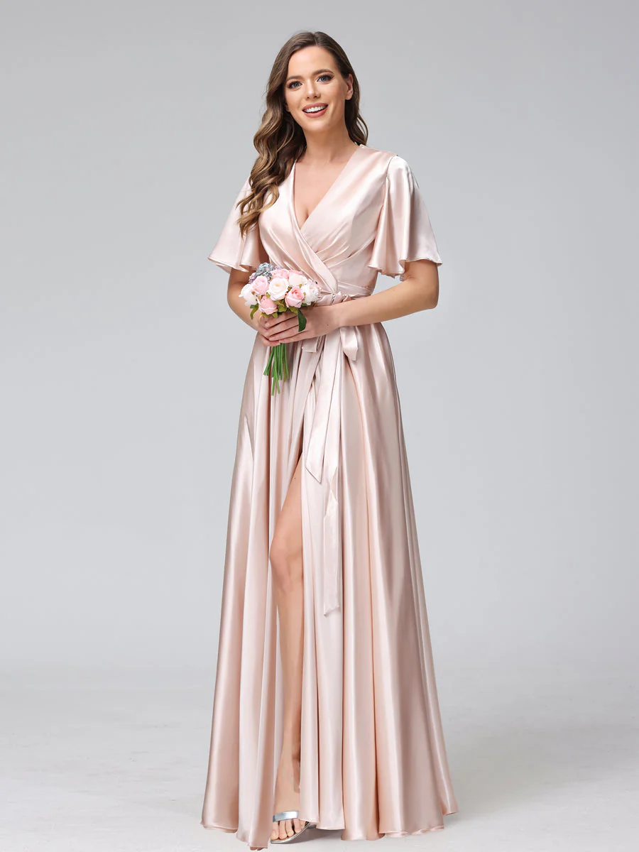 A-Line V-Neck Half Sleeves Long Silk Satin Bridesmaid Dresses With Ruffles Split Side - Image 4