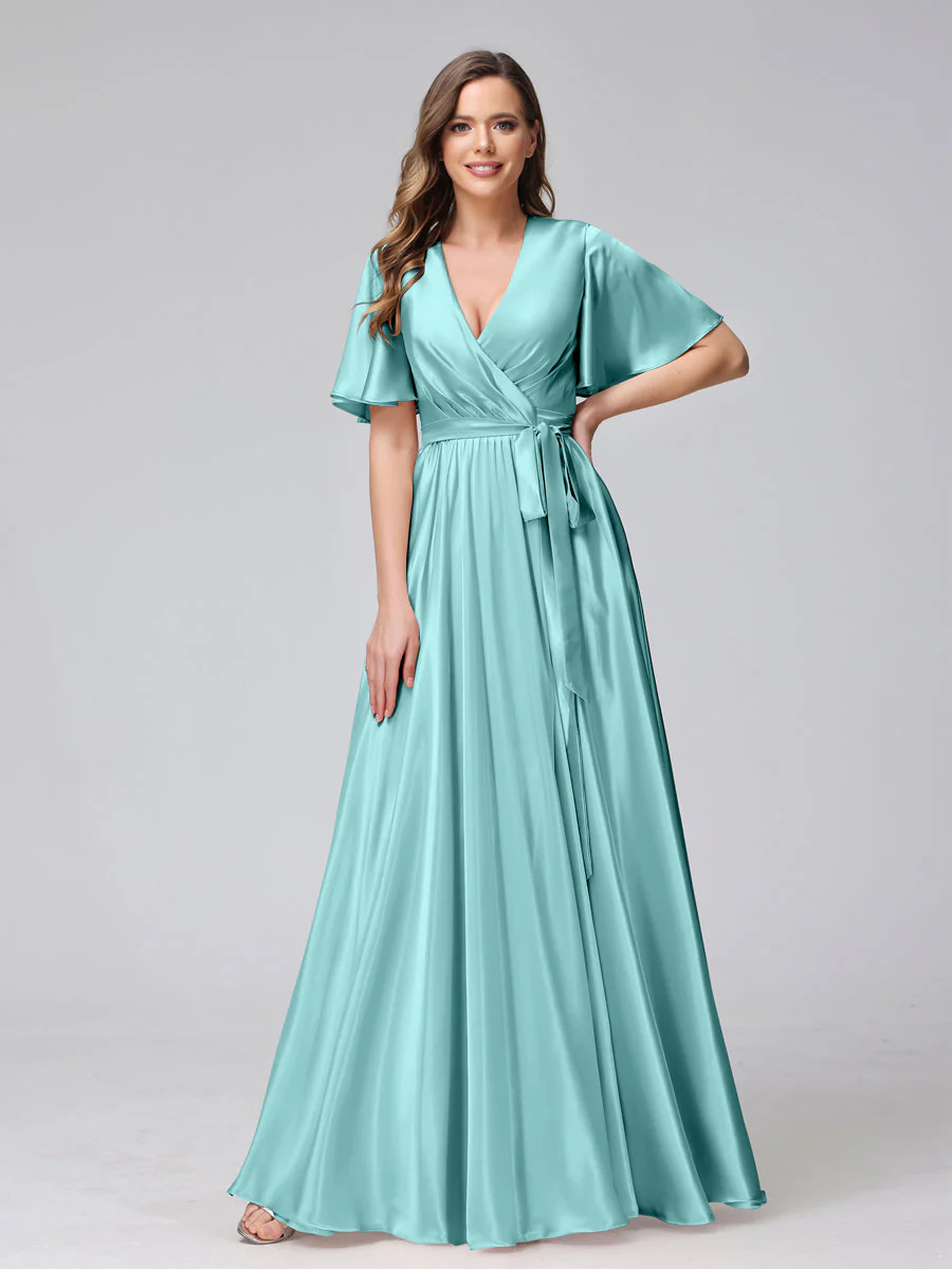 A-Line V-Neck Half Sleeves Long Silk Satin Bridesmaid Dresses With Ruffles Split Side - Image 40