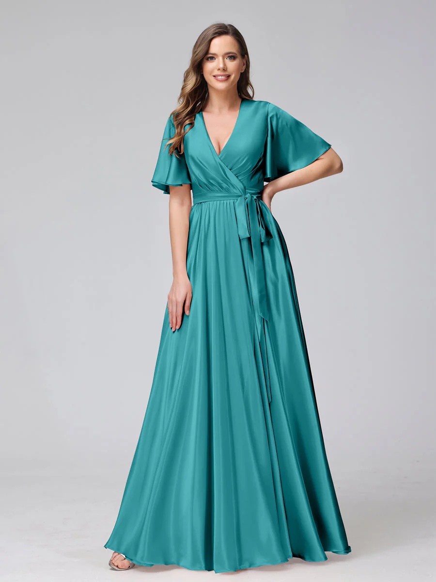 A-Line V-Neck Half Sleeves Long Silk Satin Bridesmaid Dresses With Ruffles Split Side - Image 42