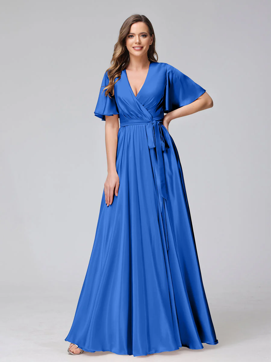 A-Line V-Neck Half Sleeves Long Silk Satin Bridesmaid Dresses With Ruffles Split Side - Image 43