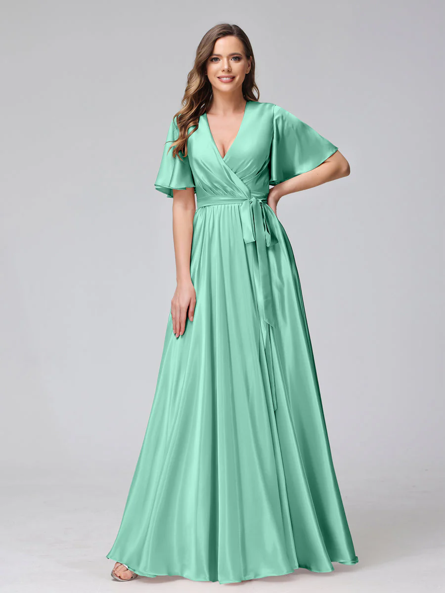 A-Line V-Neck Half Sleeves Long Silk Satin Bridesmaid Dresses With Ruffles Split Side - Image 48