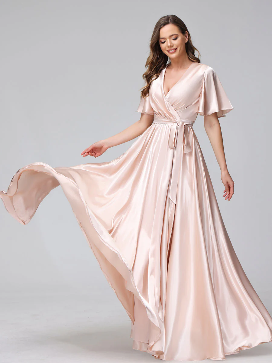 A-Line V-Neck Half Sleeves Long Silk Satin Bridesmaid Dresses With Ruffles Split Side - Image 5