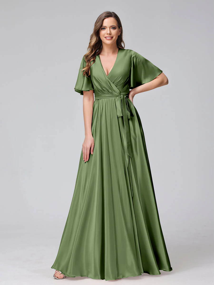 A-Line V-Neck Half Sleeves Long Silk Satin Bridesmaid Dresses With Ruffles Split Side - Image 50