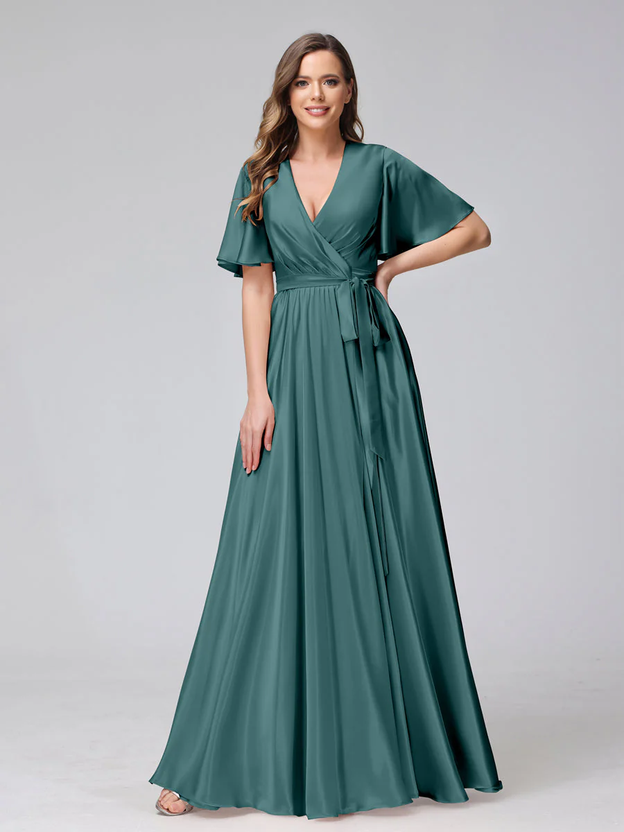 A-Line V-Neck Half Sleeves Long Silk Satin Bridesmaid Dresses With Ruffles Split Side - Image 51