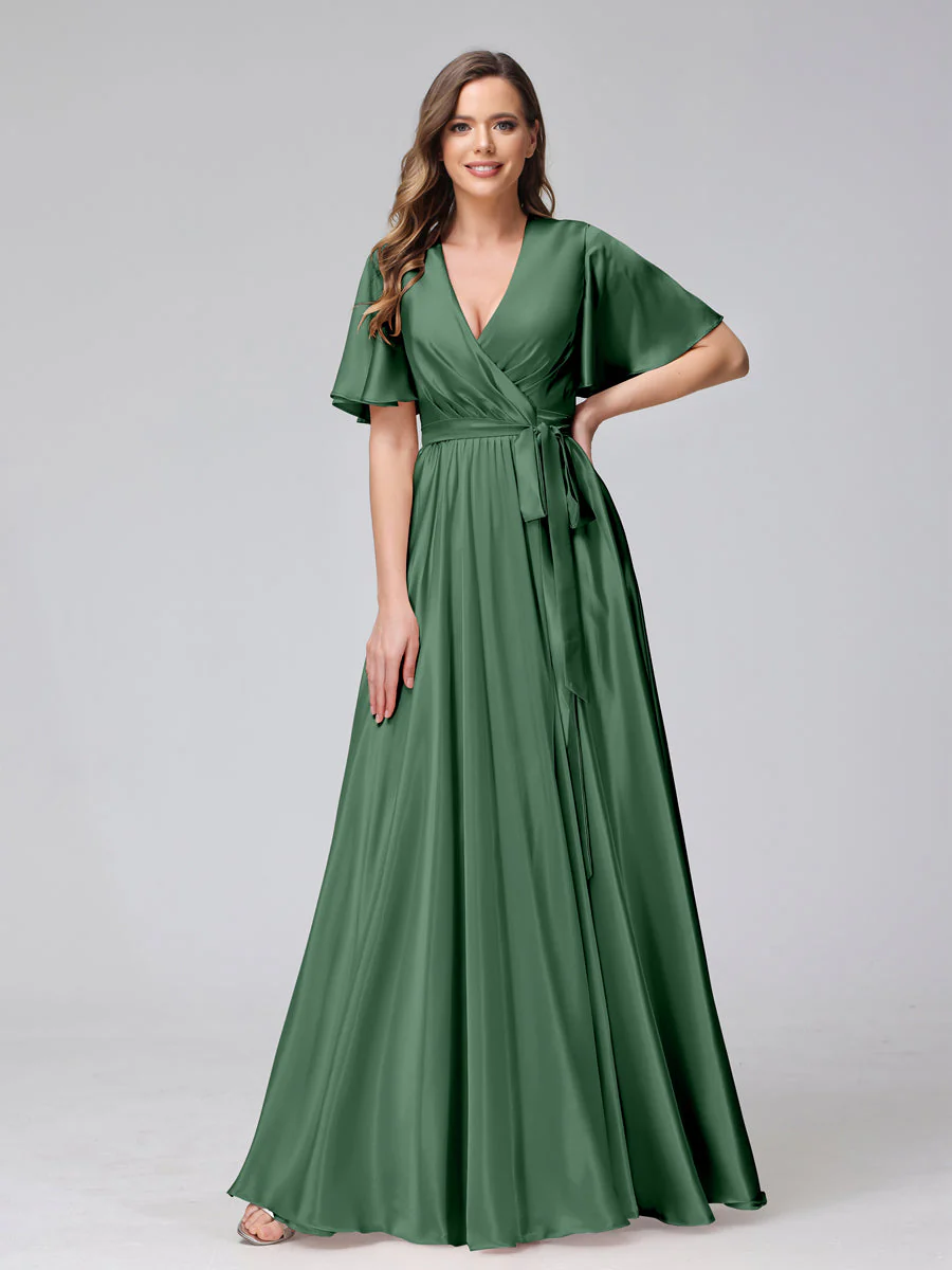 A-Line V-Neck Half Sleeves Long Silk Satin Bridesmaid Dresses With Ruffles Split Side - Image 52