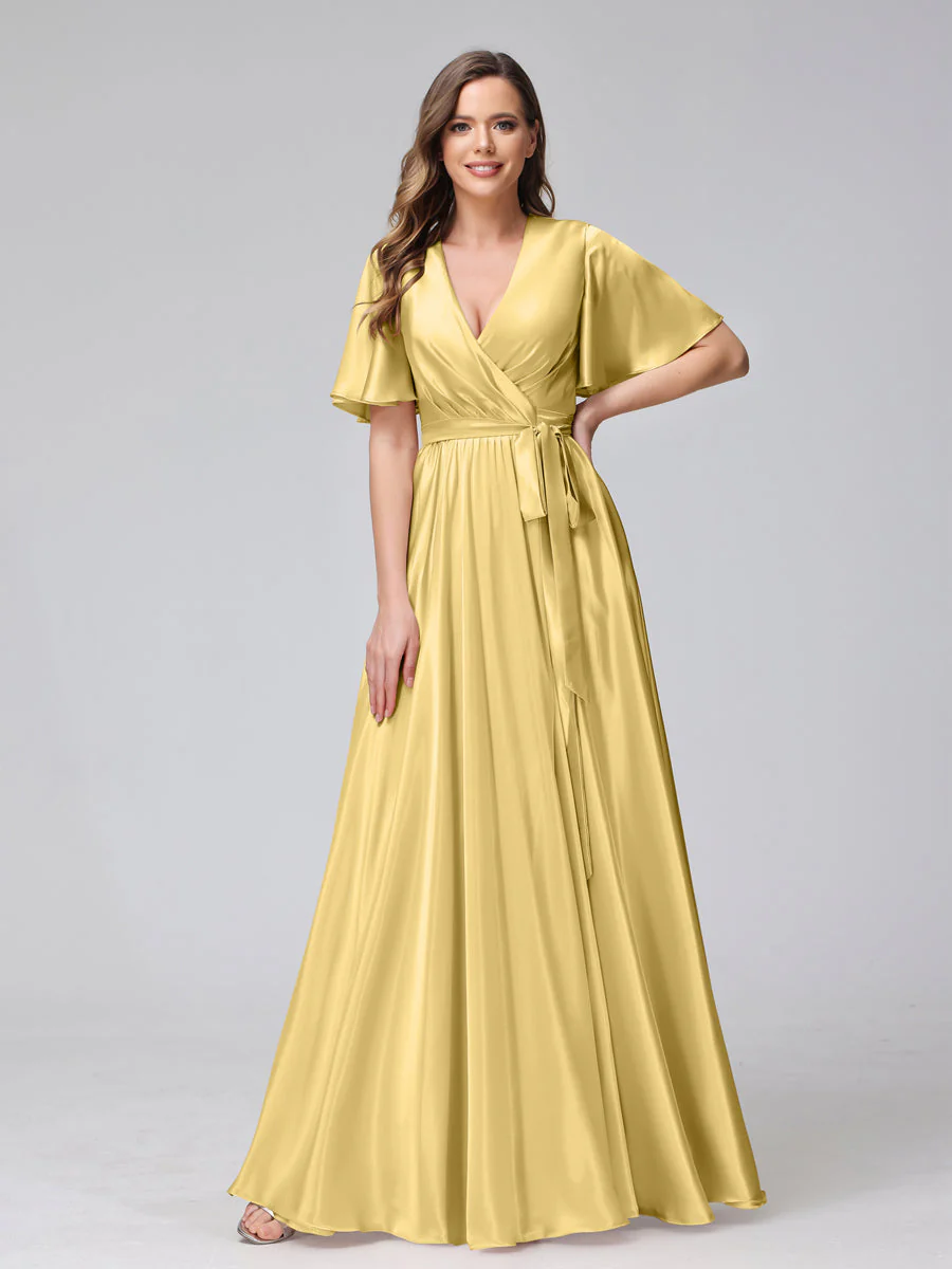 A-Line V-Neck Half Sleeves Long Silk Satin Bridesmaid Dresses With Ruffles Split Side - Image 54