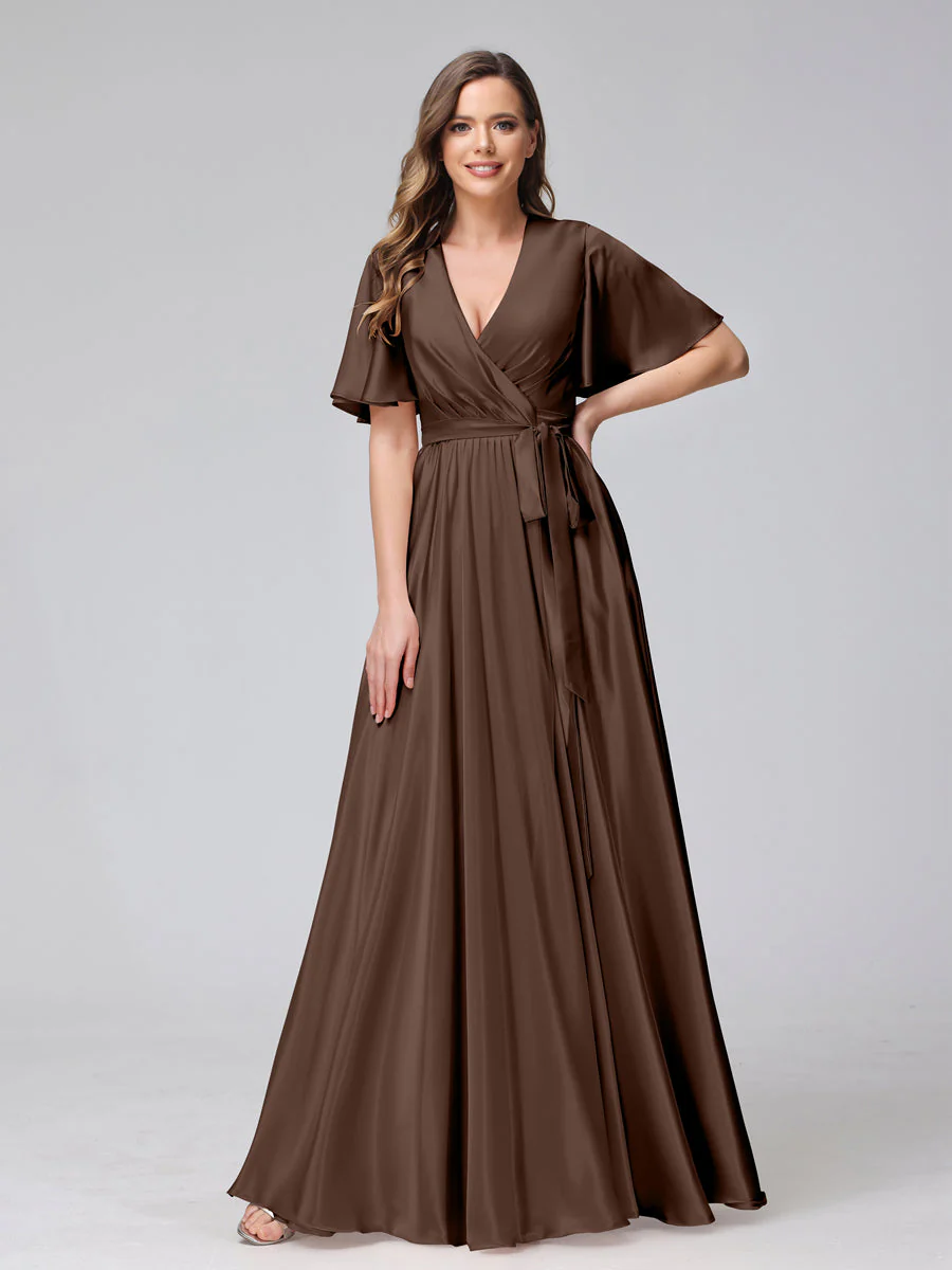 A-Line V-Neck Half Sleeves Long Silk Satin Bridesmaid Dresses With Ruffles Split Side - Image 58
