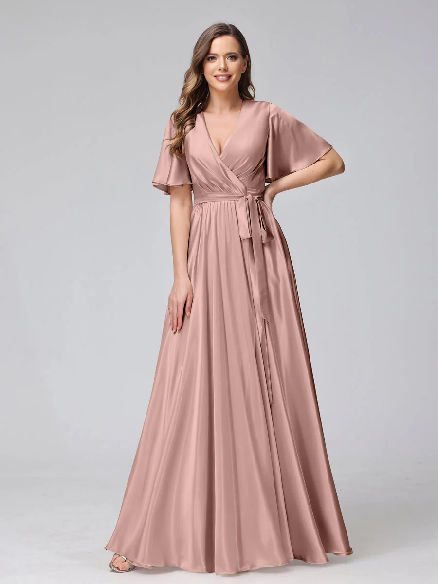 A-Line V-Neck Half Sleeves Long Silk Satin Bridesmaid Dresses With Ruffles Split Side - Image 7