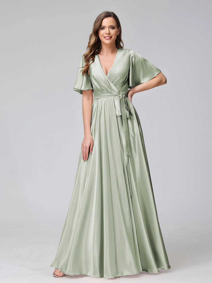 A-Line V-Neck Half Sleeves Long Silk Satin Bridesmaid Dresses With Ruffles Split Side - Image 9