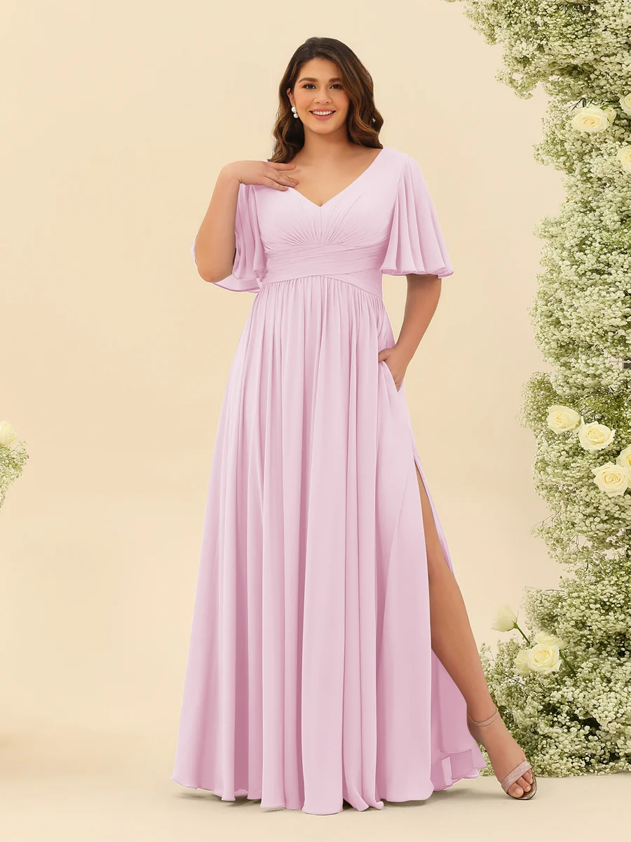 A-Line V-Neck Half Sleeves Plus Size Chiffon Bridesmaid Dresses With Split Side - Image 22