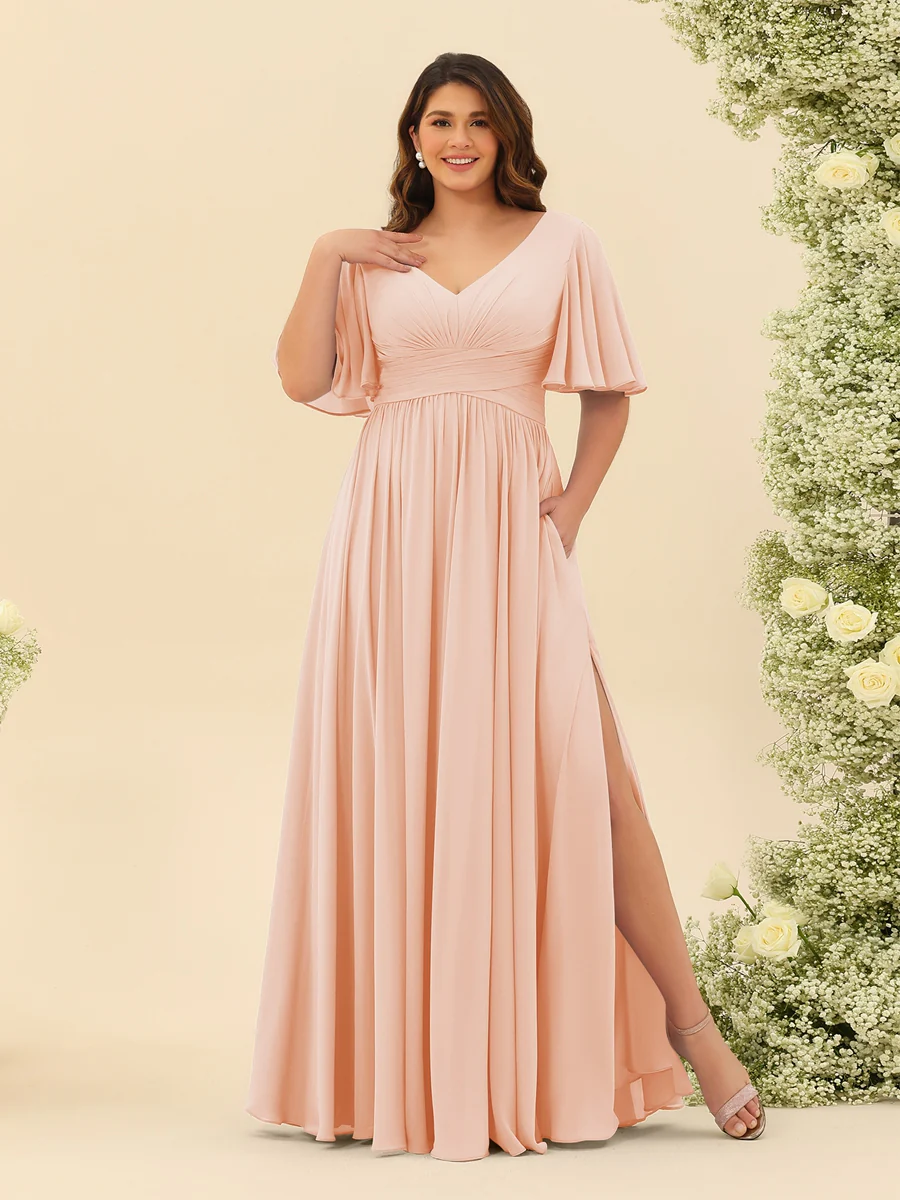 A-Line V-Neck Half Sleeves Plus Size Chiffon Bridesmaid Dresses With Split Side - Image 26