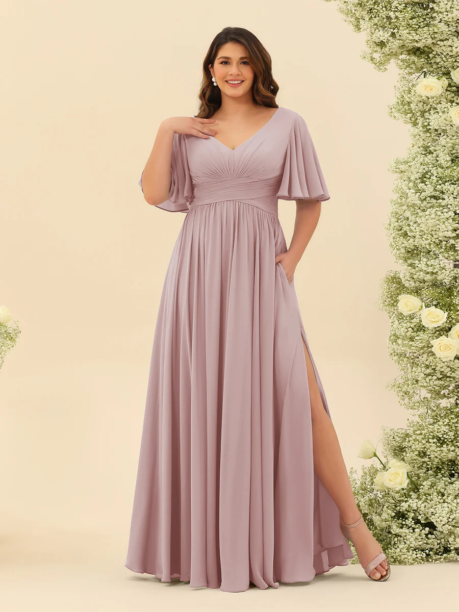 A-Line V-Neck Half Sleeves Plus Size Chiffon Bridesmaid Dresses With Split Side - Image 27