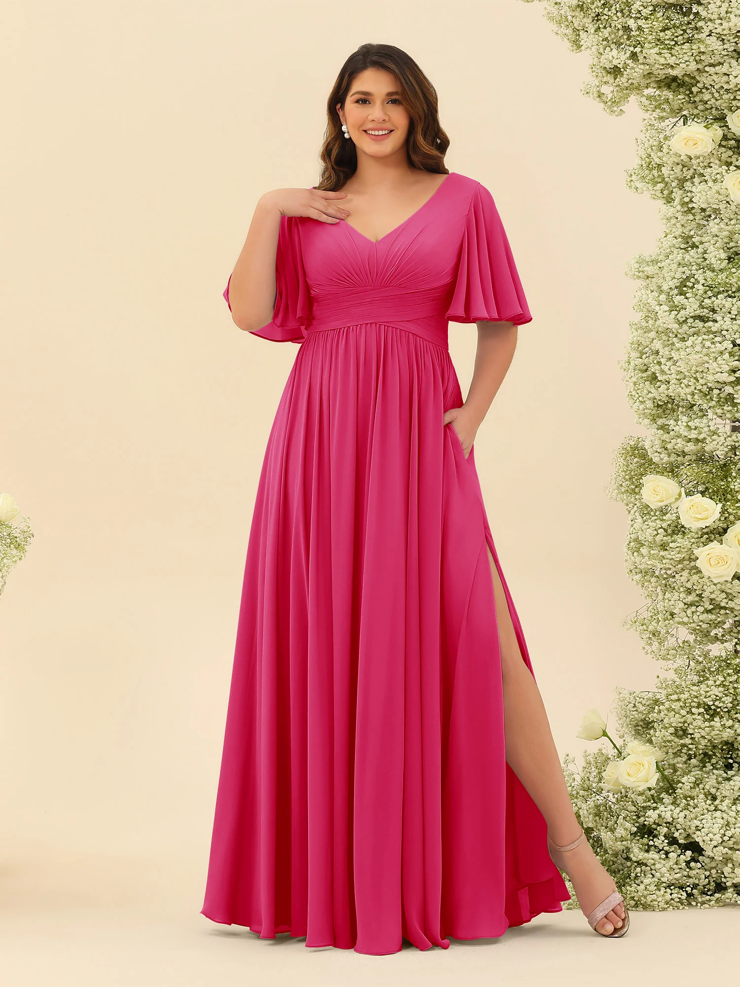A-Line V-Neck Half Sleeves Plus Size Chiffon Bridesmaid Dresses With Split Side - Image 32
