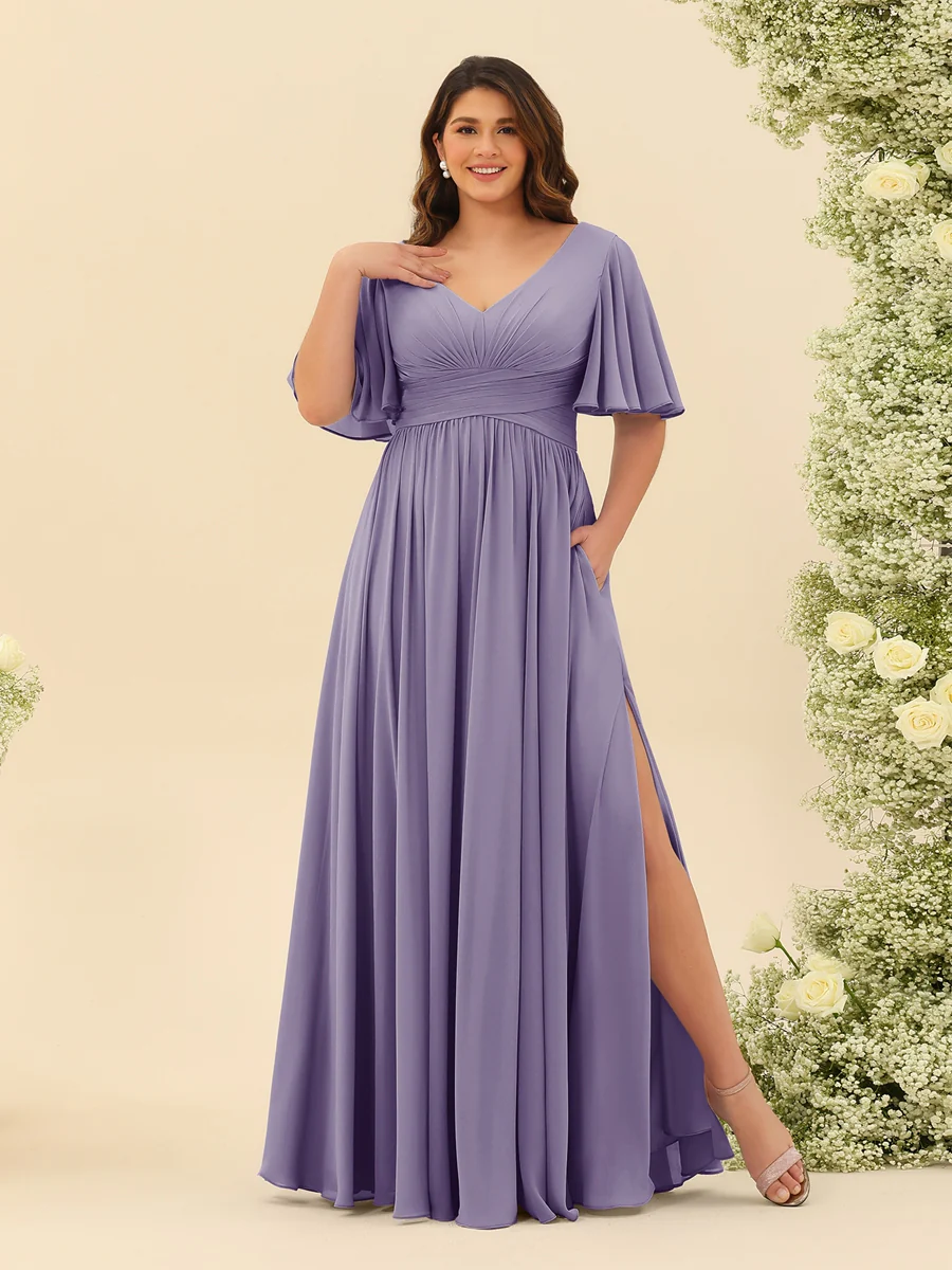A-Line V-Neck Half Sleeves Plus Size Chiffon Bridesmaid Dresses With Split Side - Image 37