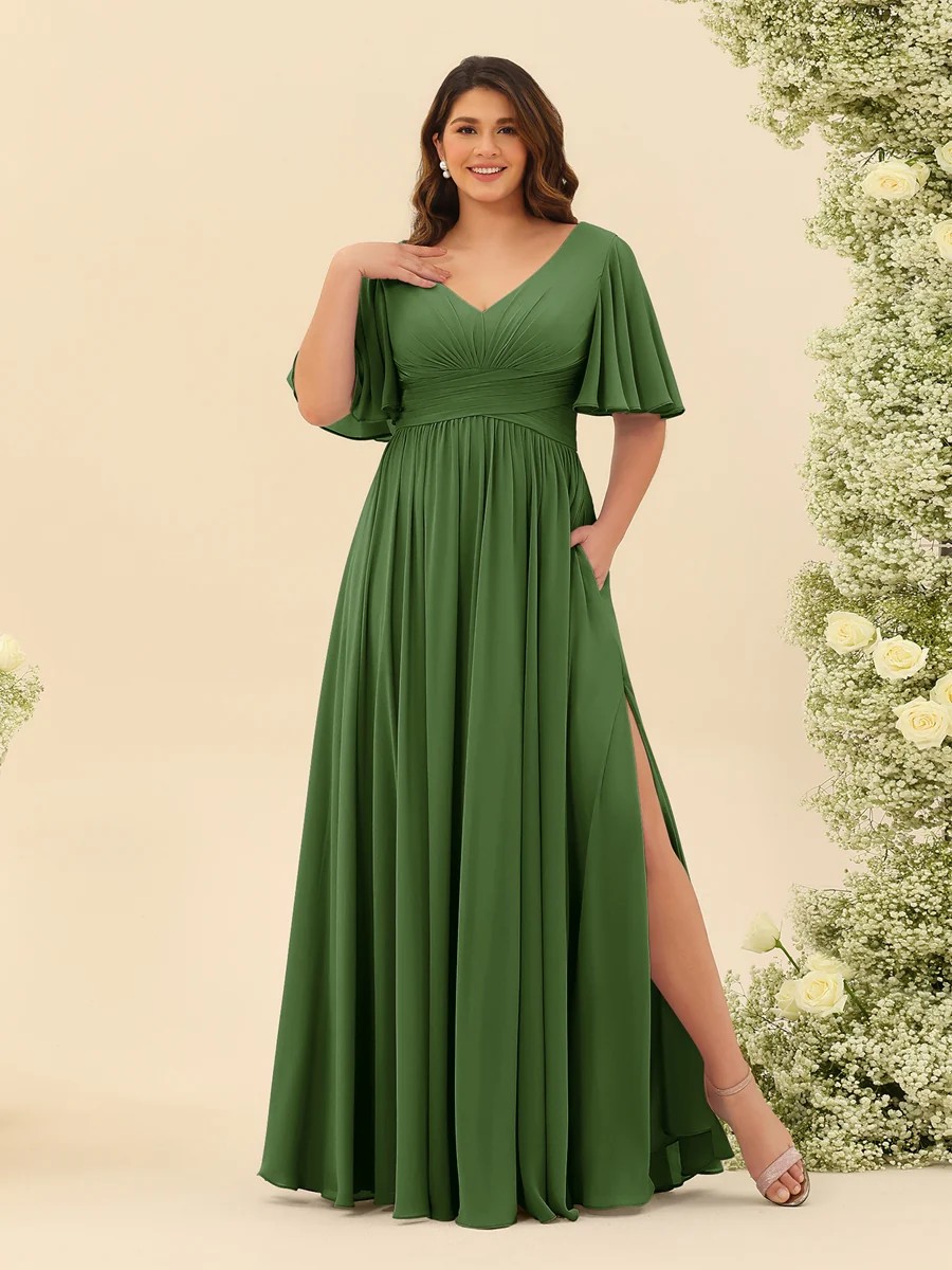 A-Line V-Neck Half Sleeves Plus Size Chiffon Bridesmaid Dresses With Split Side - Image 62