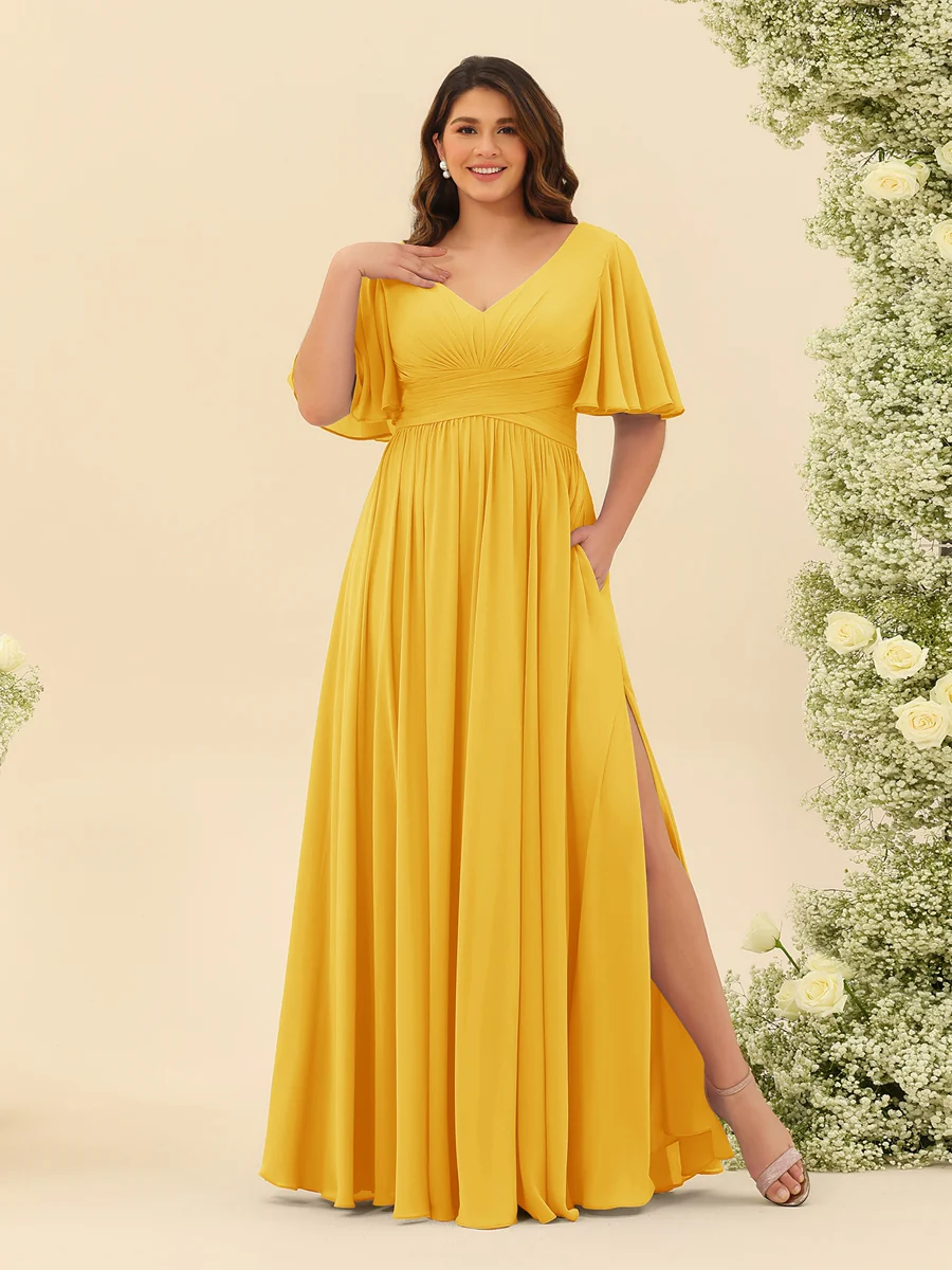 A-Line V-Neck Half Sleeves Plus Size Chiffon Bridesmaid Dresses With Split Side - Image 68
