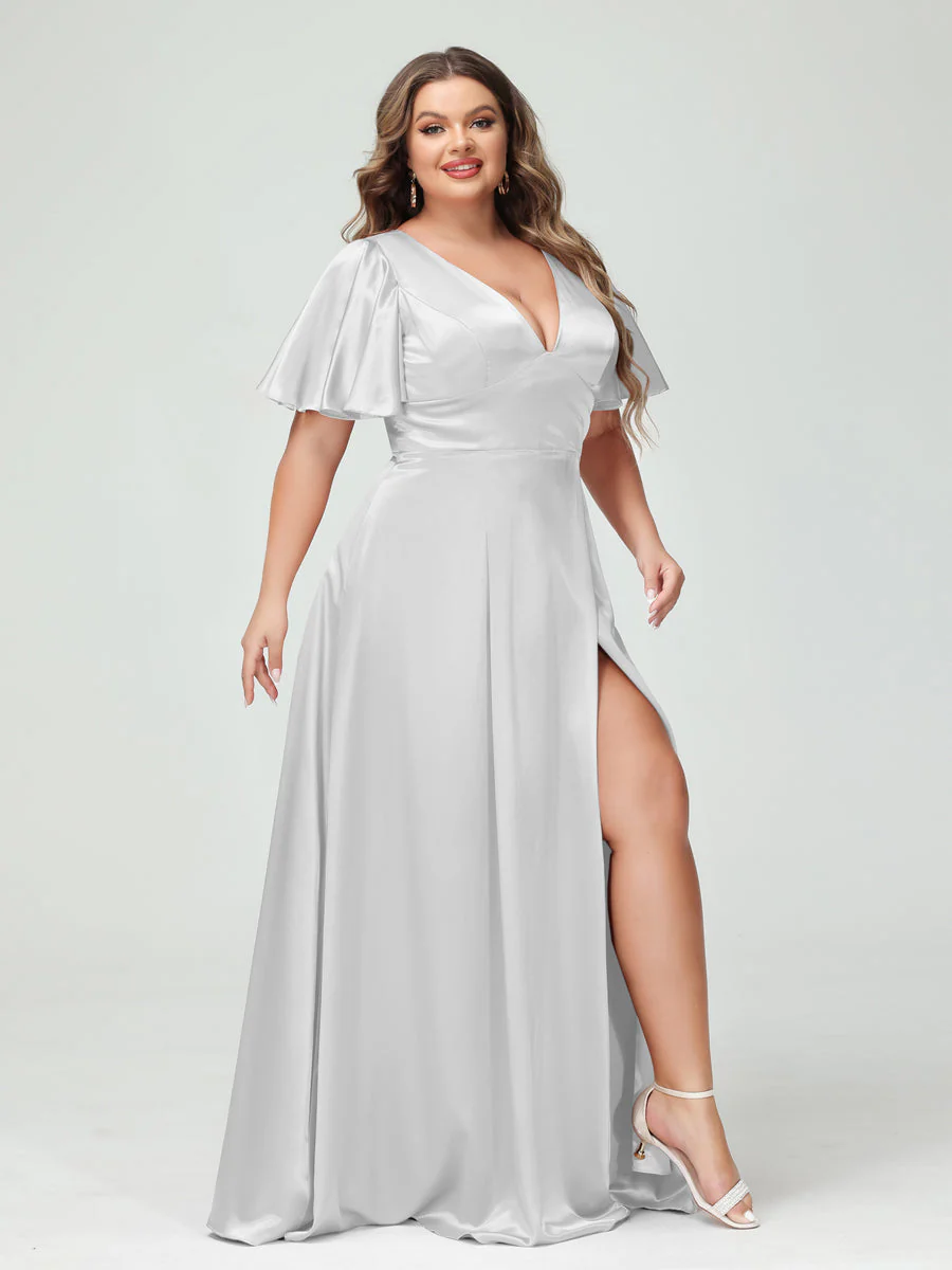 A-Line V-Neck Half Sleeves Silk Satin Plus Size Bridesmaid Dresses with Pockets - Image 18