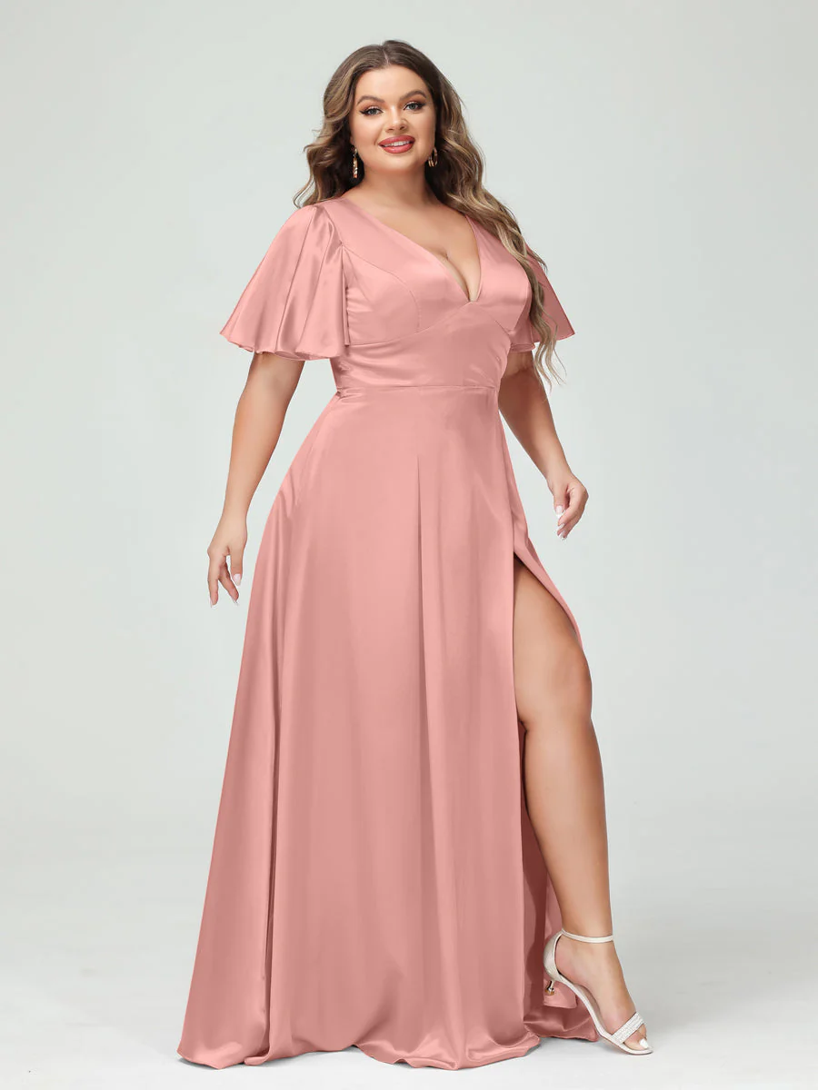 A-Line V-Neck Half Sleeves Silk Satin Plus Size Bridesmaid Dresses with Pockets - Image 26