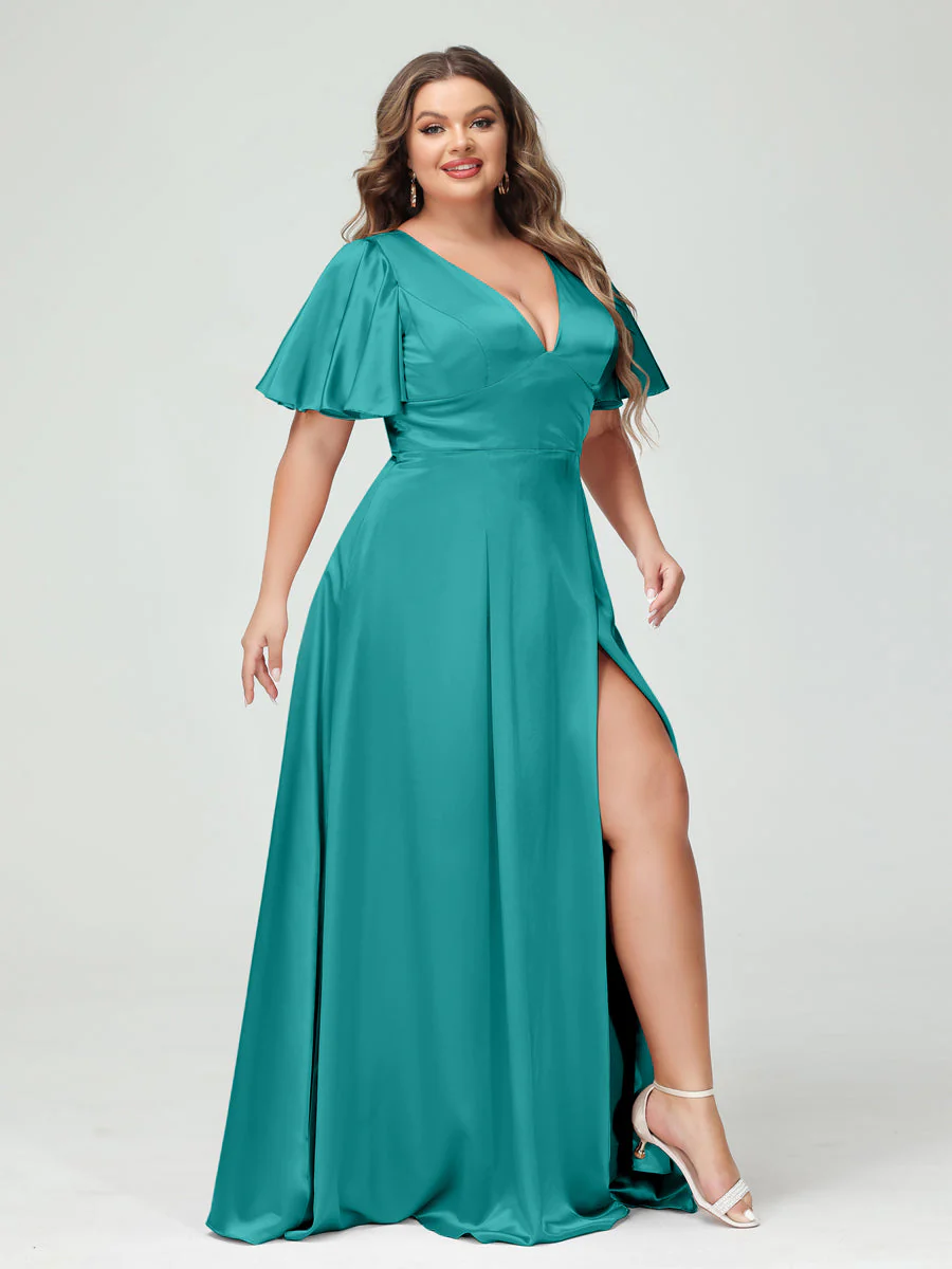 A-Line V-Neck Half Sleeves Silk Satin Plus Size Bridesmaid Dresses with Pockets - Image 41