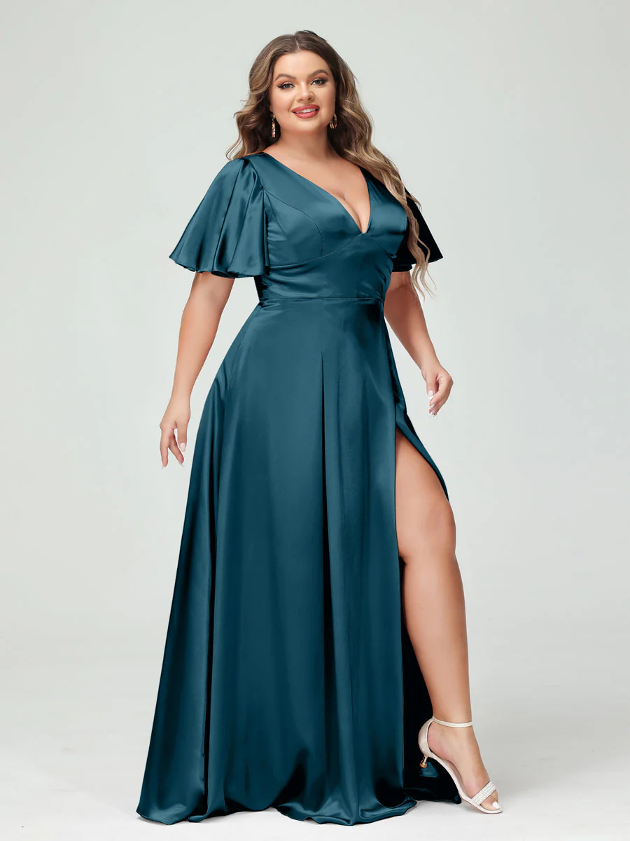 A-Line V-Neck Half Sleeves Silk Satin Plus Size Bridesmaid Dresses with Pockets - Image 44