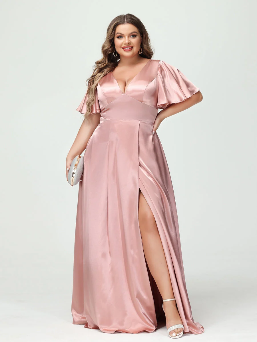 A-Line V-Neck Half Sleeves Silk Satin Plus Size Bridesmaid Dresses with Pockets - Image 5