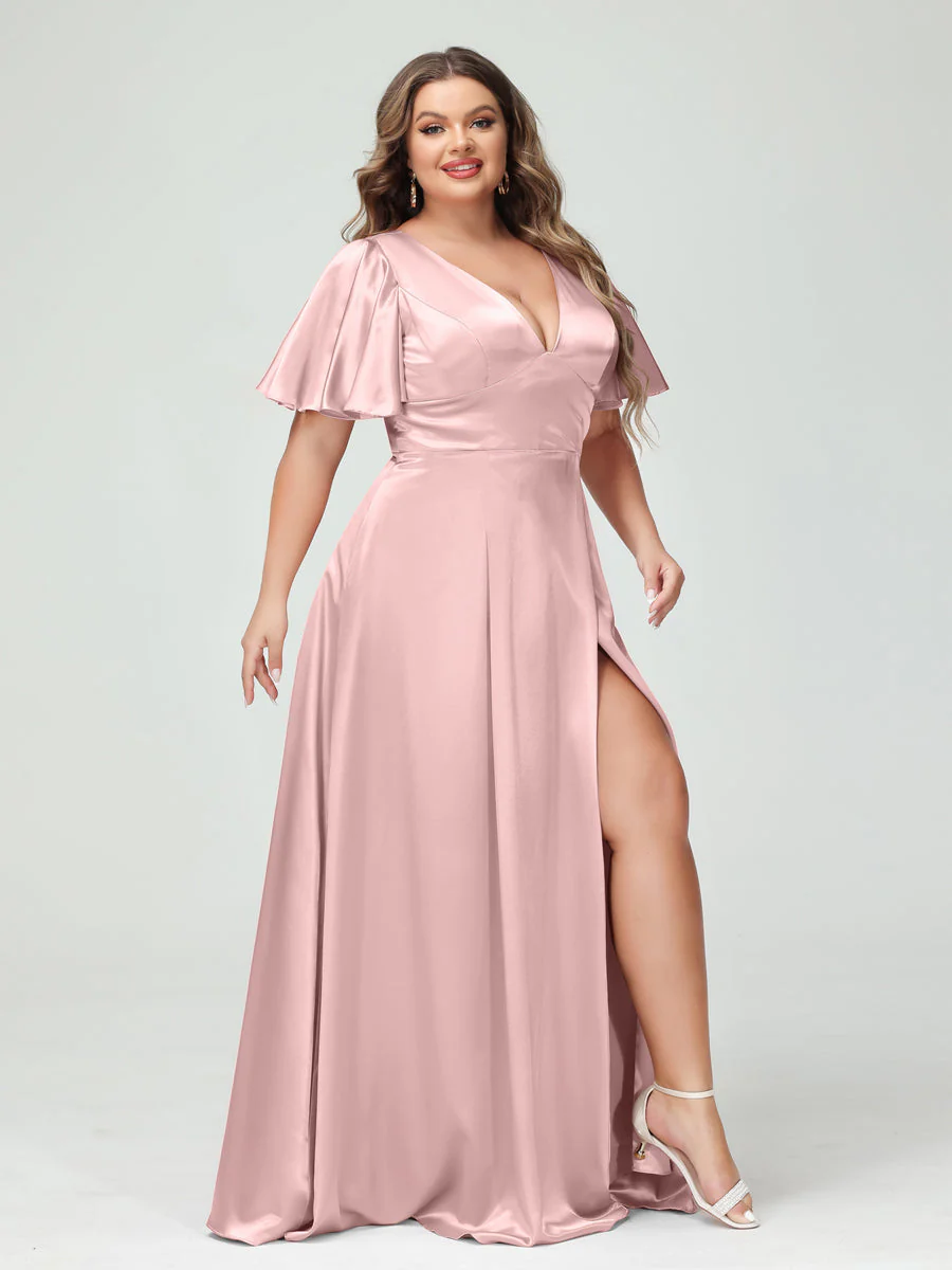 A-Line V-Neck Half Sleeves Silk Satin Plus Size Bridesmaid Dresses with Pockets - Image 7