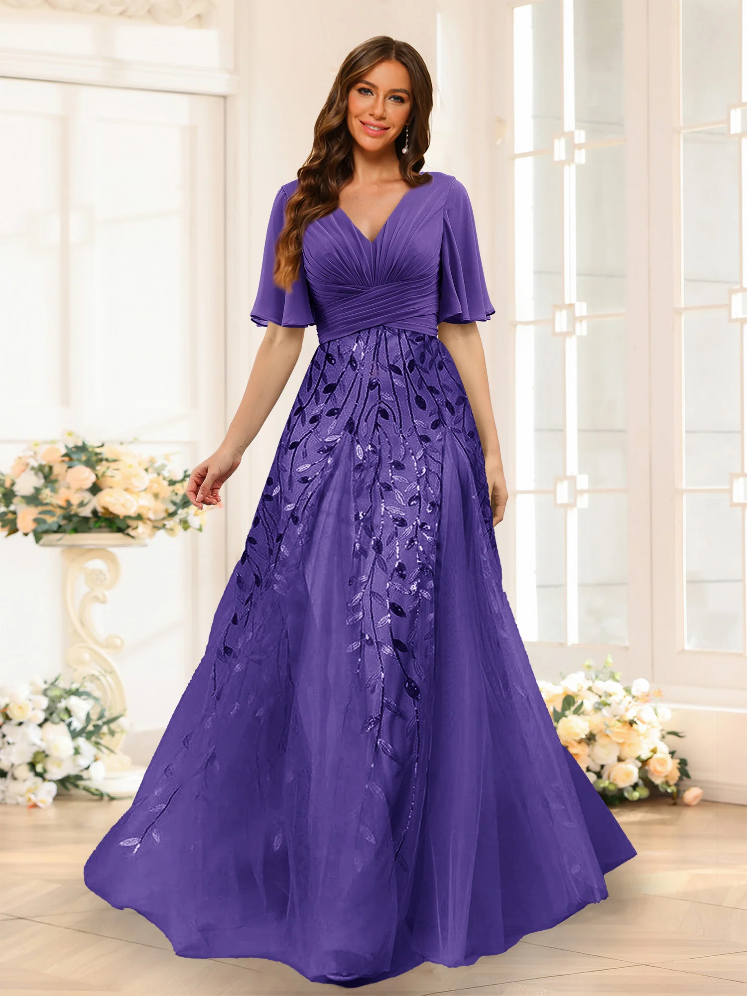A-Line V-Neck Half Sleeves Split Side Chiffon Bridesmaid Dresses With Appliques - Image 14