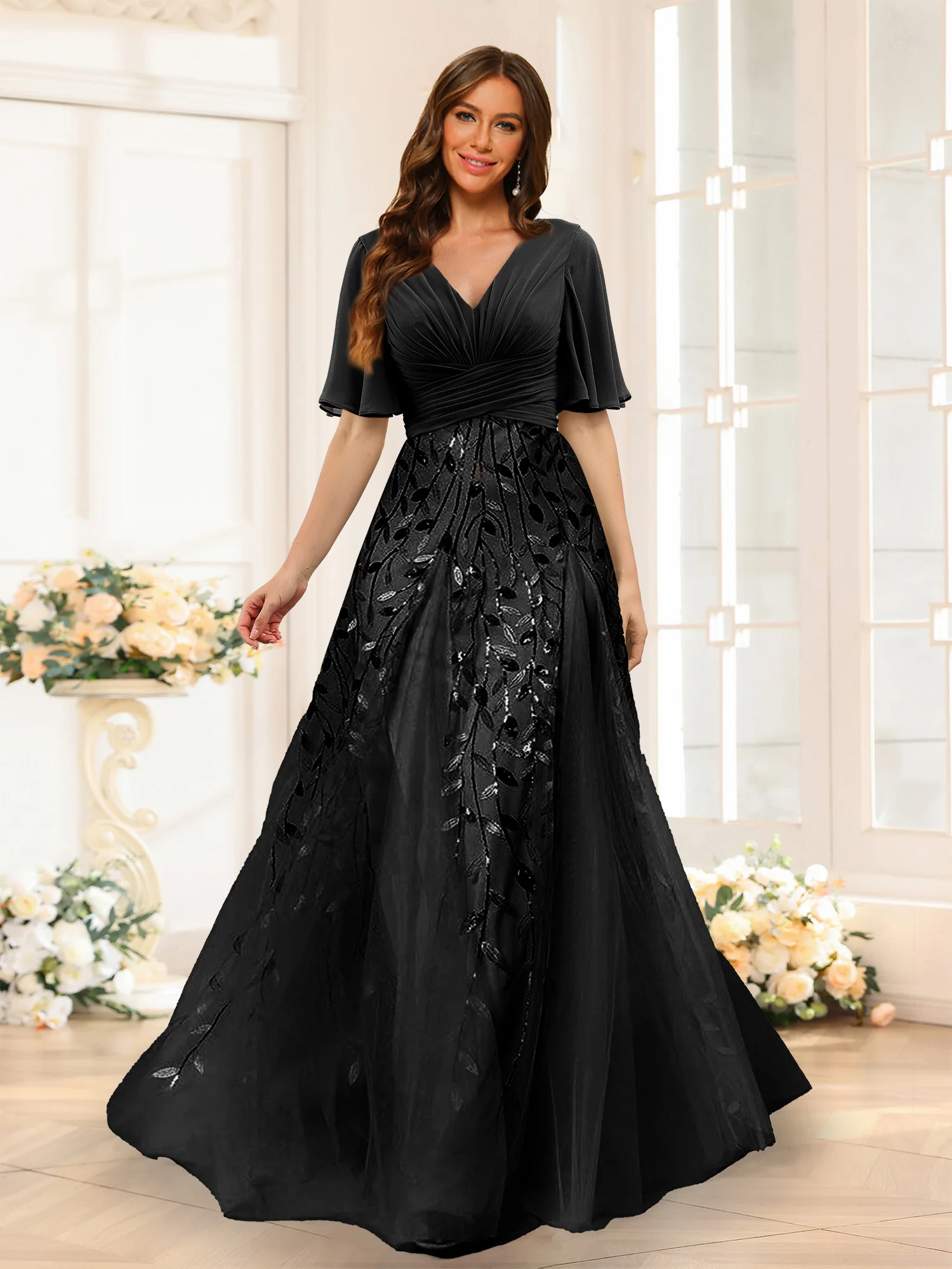 A-Line V-Neck Half Sleeves Split Side Chiffon Bridesmaid Dresses With Appliques - Image 4