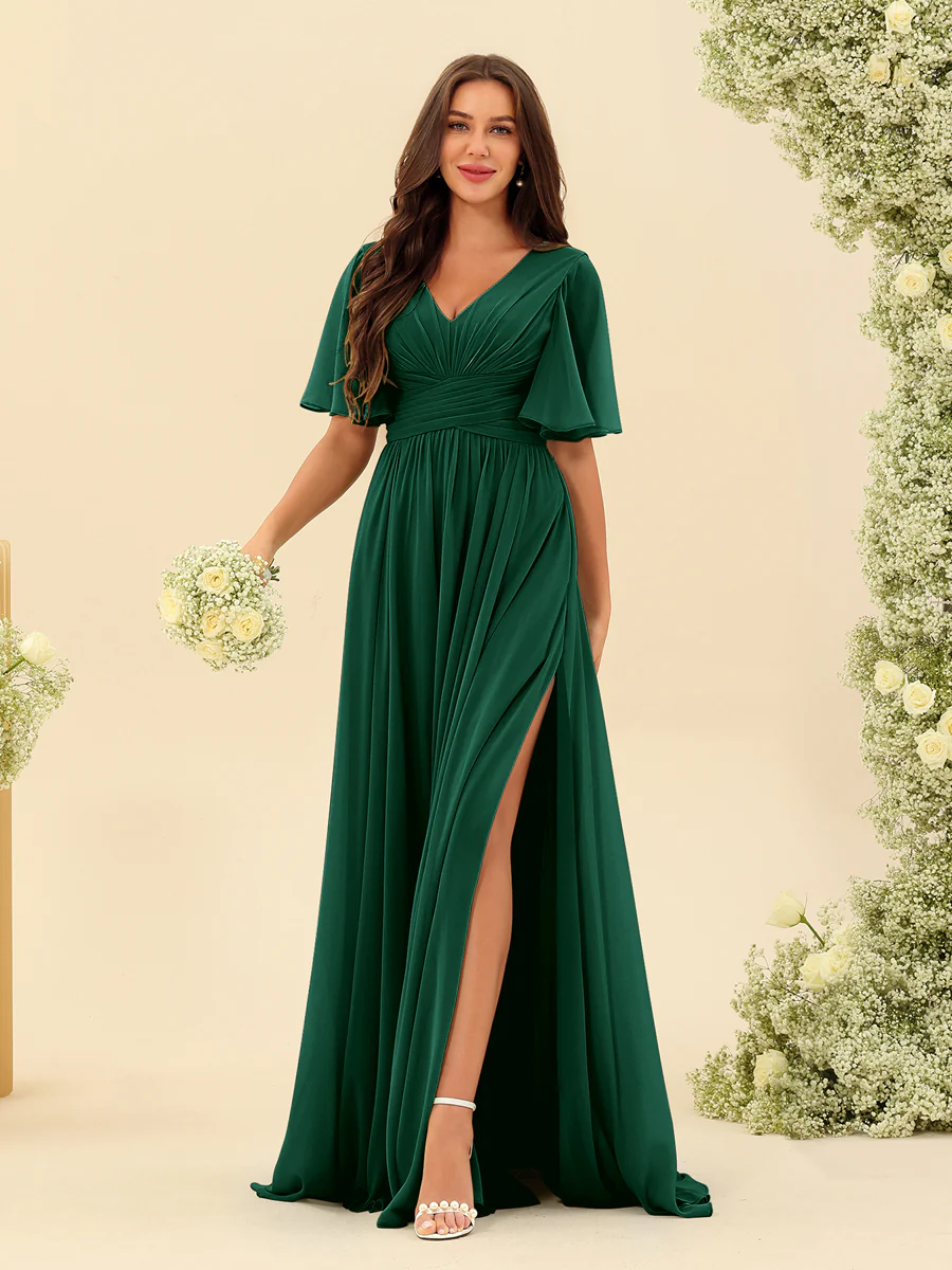 A-Line V-Neck Half Sleeves Split Side Chiffon Bridesmaid Dresses With Pockets - Image 12