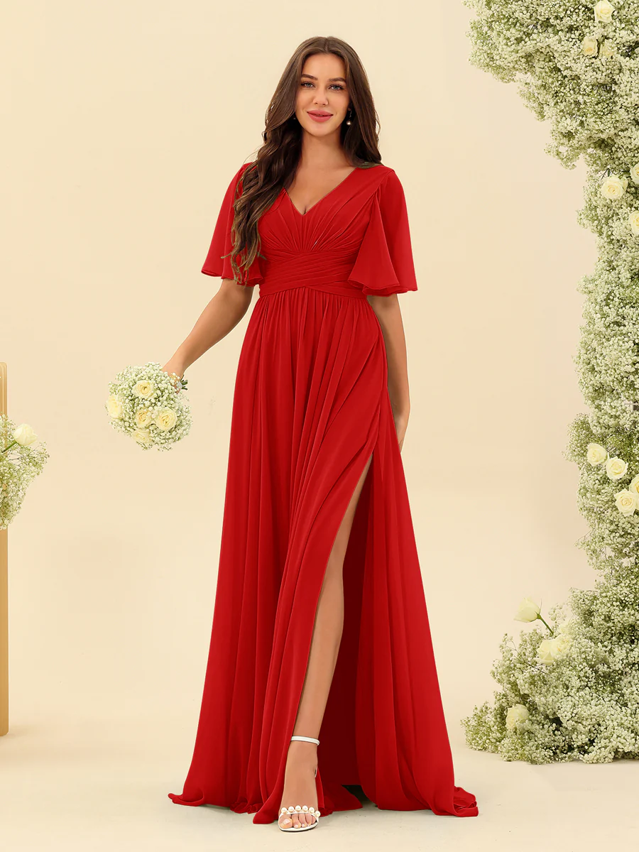A-Line V-Neck Half Sleeves Split Side Chiffon Bridesmaid Dresses With Pockets - Image 37