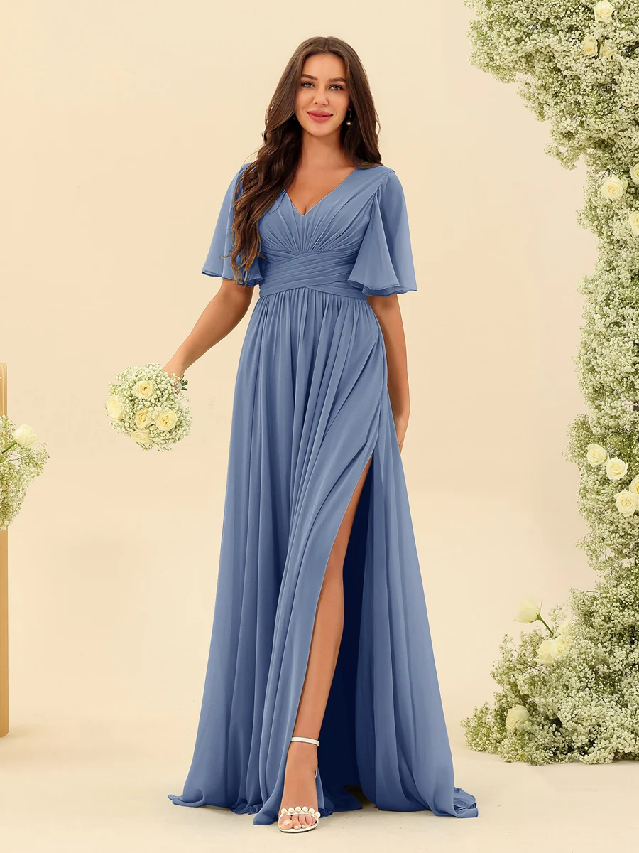 A-Line V-Neck Half Sleeves Split Side Chiffon Bridesmaid Dresses With Pockets - Image 51