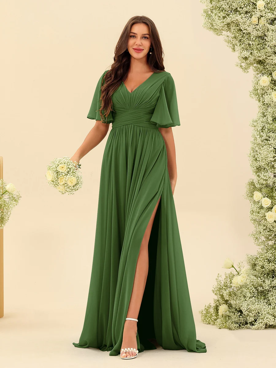 A-Line V-Neck Half Sleeves Split Side Chiffon Bridesmaid Dresses With Pockets - Image 65