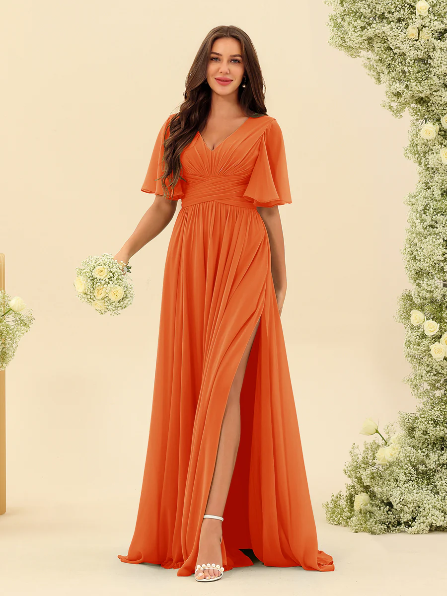 A-Line V-Neck Half Sleeves Split Side Chiffon Bridesmaid Dresses With Pockets - Image 72
