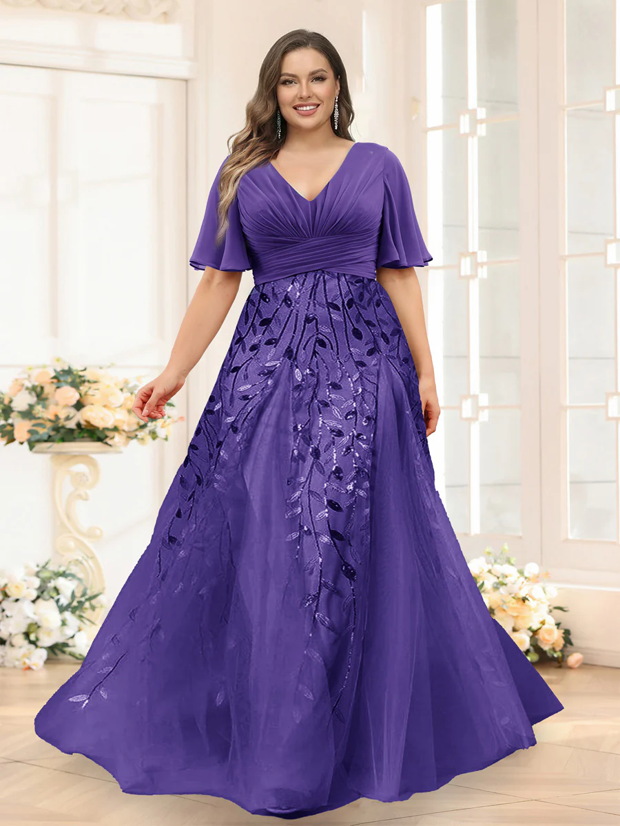 A-Line V-Neck Half Sleeves Split Side Chiffon Plus Size Bridesmaid Dresses With Appliques - Image 14