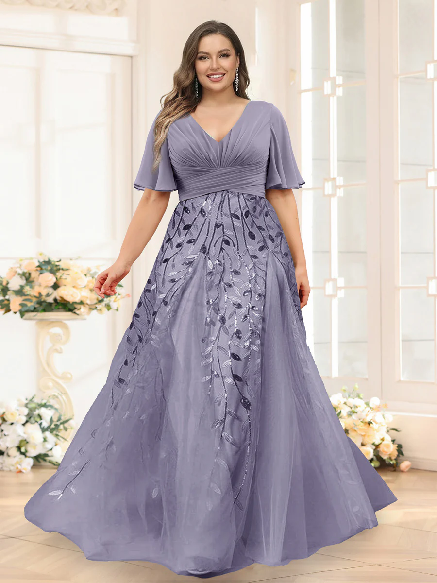 A-Line V-Neck Half Sleeves Split Side Chiffon Plus Size Bridesmaid Dresses With Appliques - Image 18