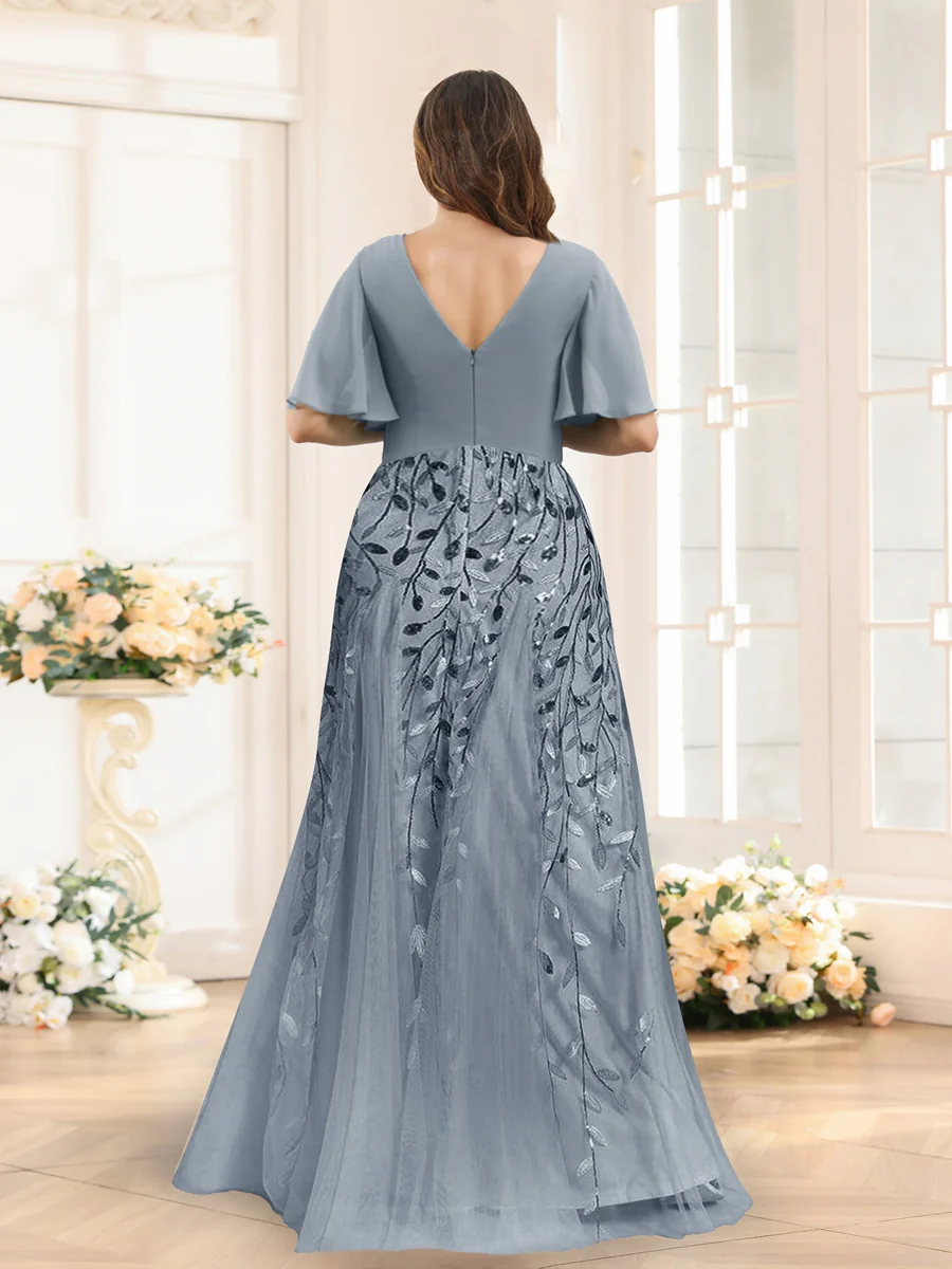 A-Line V-Neck Half Sleeves Split Side Chiffon Plus Size Bridesmaid Dresses With Appliques - Image 2