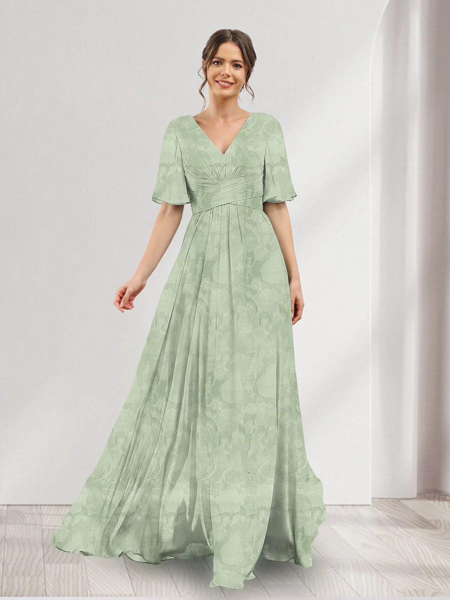 A-Line V-Neck Half Sleeves Split Side Floral Bridesmaid Dresses With Pockets