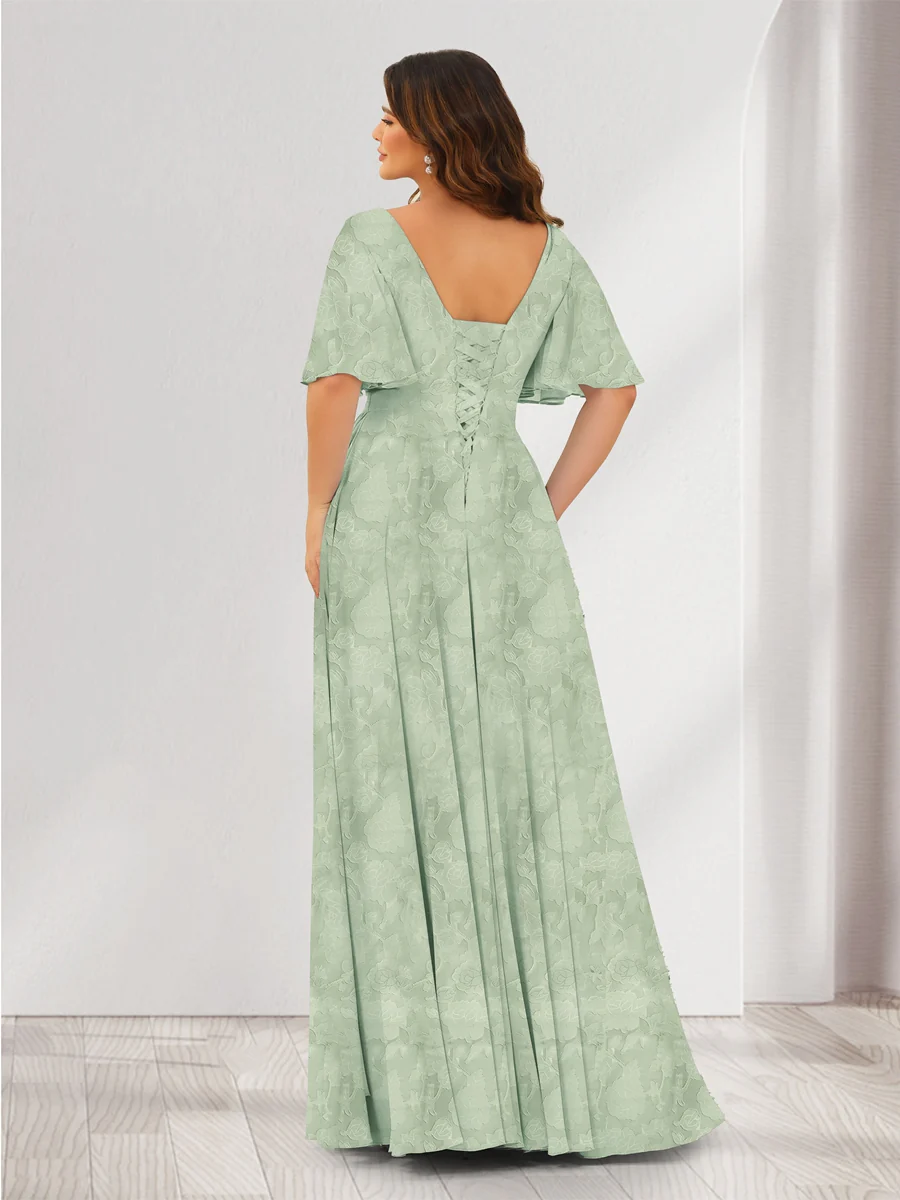 A-Line V-Neck Half Sleeves Split Side Floral Bridesmaid Dresses With Pockets - Image 2
