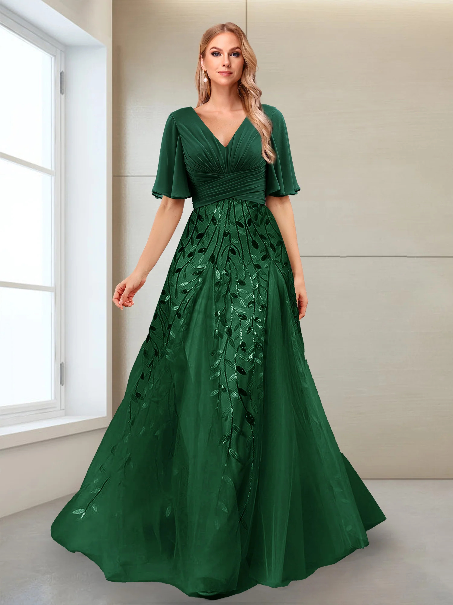 A-Line V-Neck Half Sleeves Split Side Mother of the Bride Dresses with Appliques - Image 4