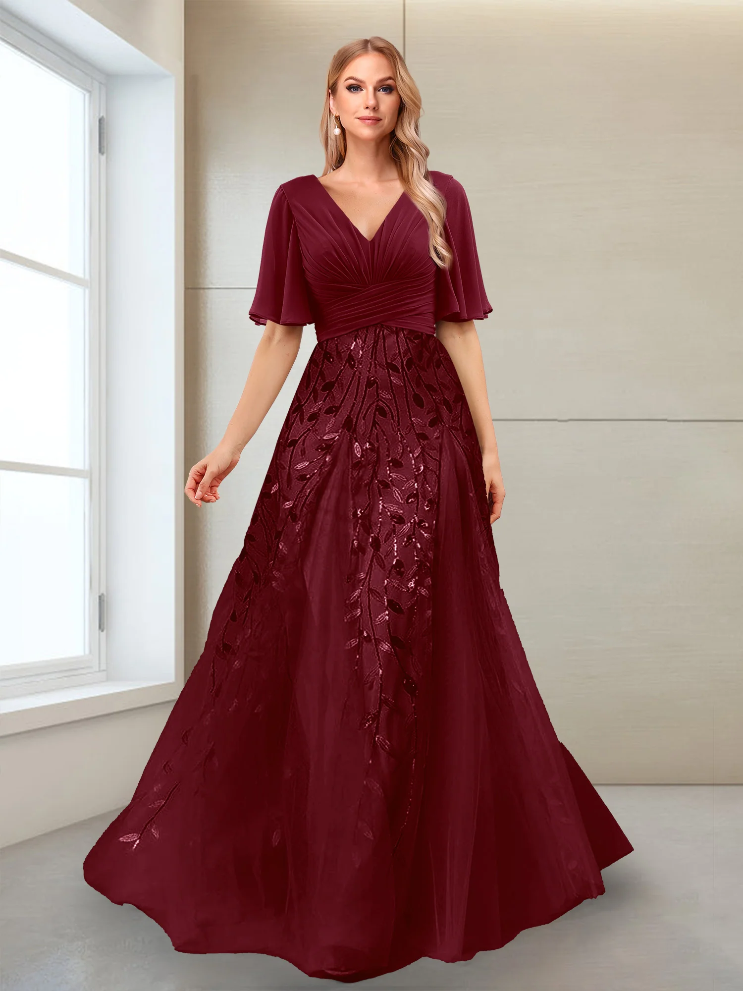A-Line V-Neck Half Sleeves Split Side Mother of the Bride Dresses with Appliques - Image 5