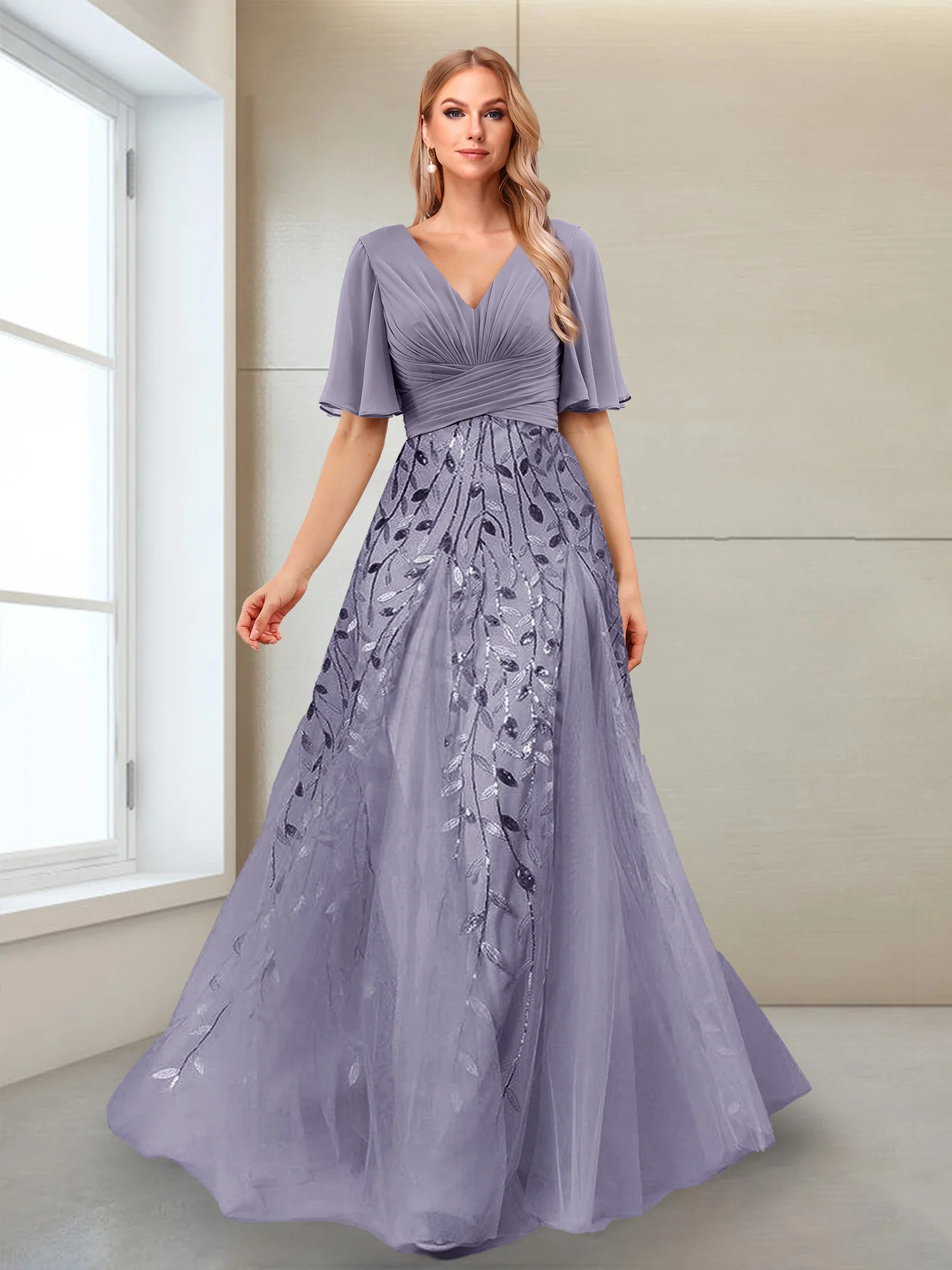 A-Line V-Neck Half Sleeves Split Side Mother of the Bride Dresses with Appliques - Image 9