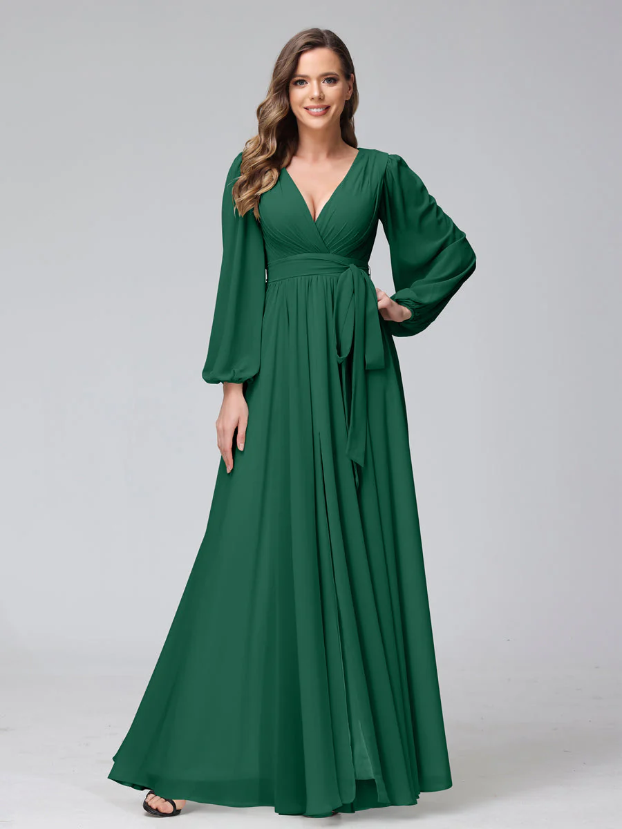 A-Line V-Neck Long Sleeves Chiffon Long Bridesmaid Dresses With Ruffles Split Side - Image 10