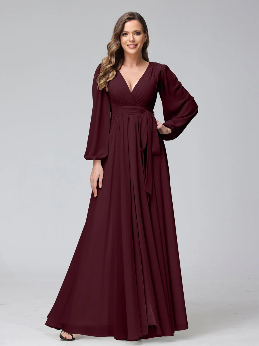 A-Line V-Neck Long Sleeves Chiffon Long Bridesmaid Dresses With Ruffles Split Side - Image 11
