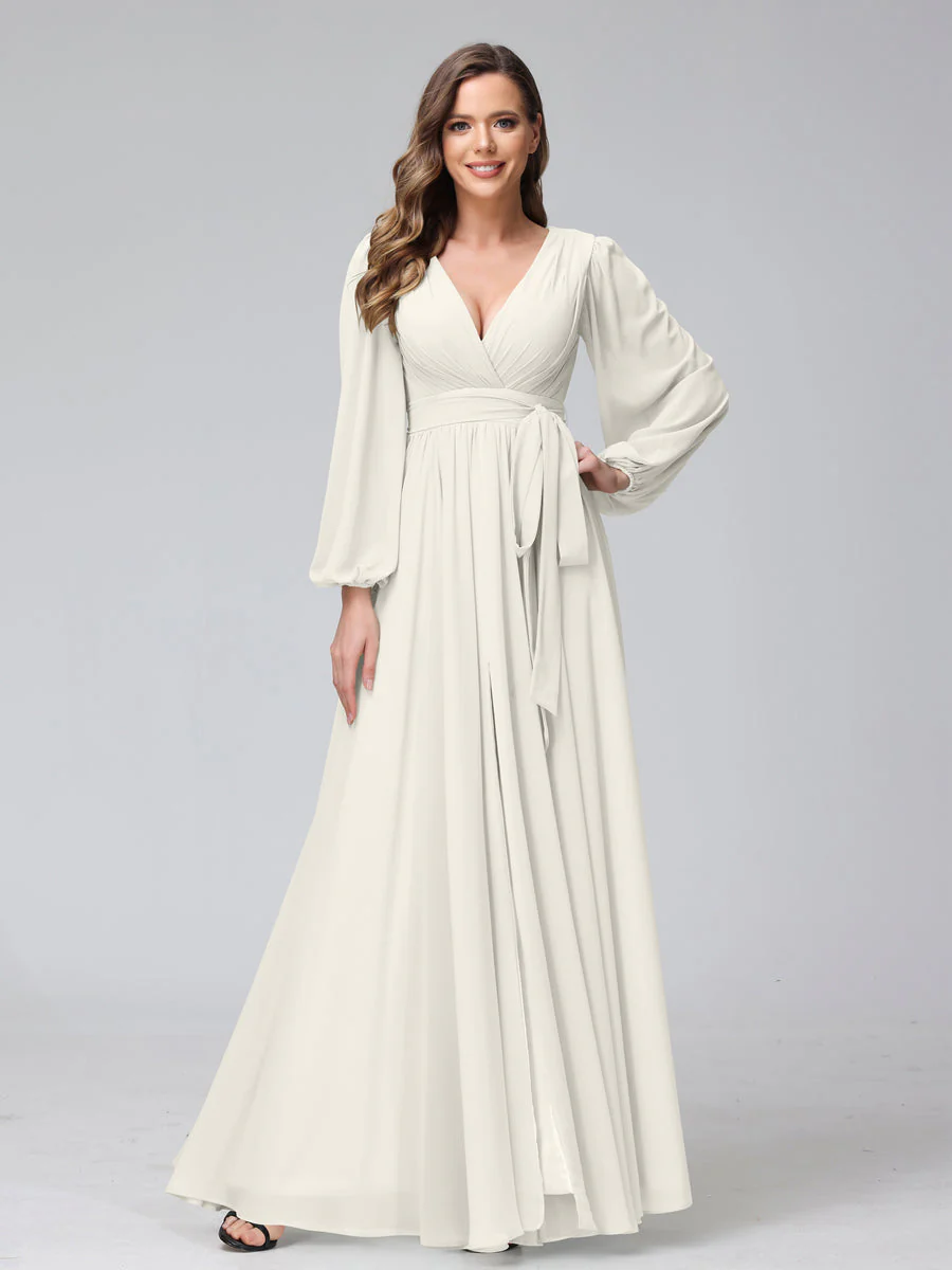 A-Line V-Neck Long Sleeves Chiffon Long Bridesmaid Dresses With Ruffles Split Side - Image 20