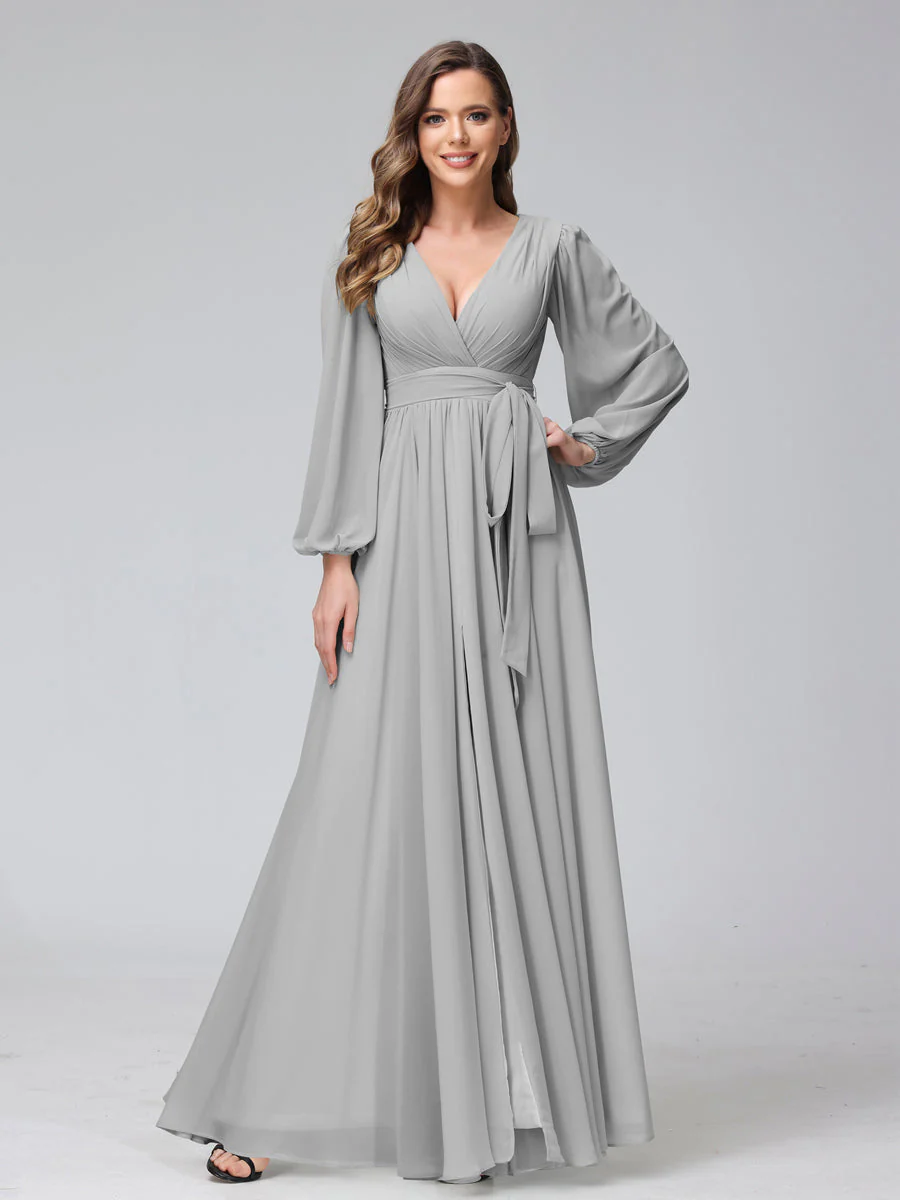 A-Line V-Neck Long Sleeves Chiffon Long Bridesmaid Dresses With Ruffles Split Side - Image 21