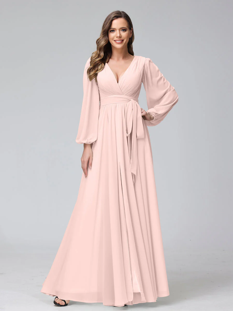 A-Line V-Neck Long Sleeves Chiffon Long Bridesmaid Dresses With Ruffles Split Side - Image 26